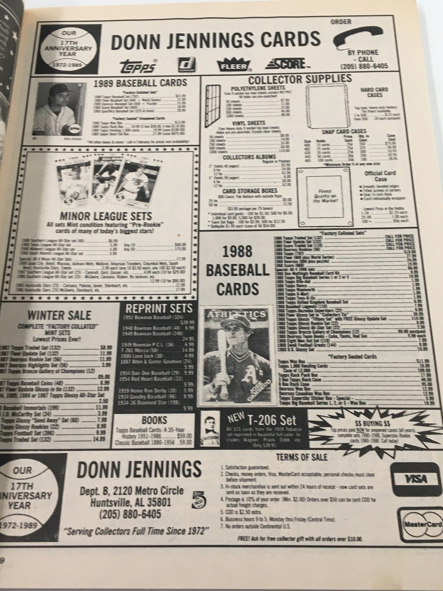 Advertisement page from VTG Baseball Cards Magazine April 1989 for Donn Jennings Cards, featuring baseball card supplies and minor league sets for collectors.