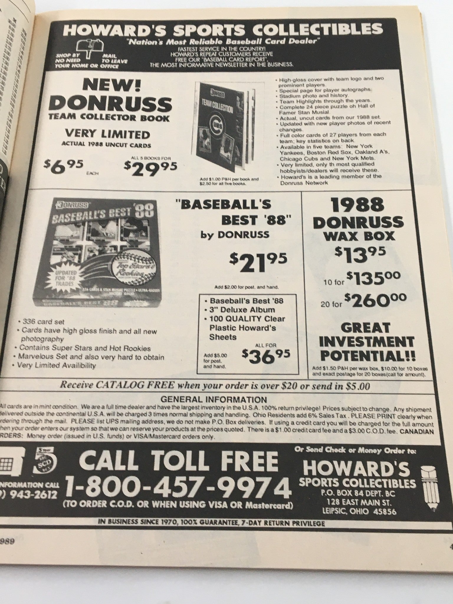 Howard's Sports Collectibles advertisement page from VTG Baseball Cards Magazine April 1989, promoting various baseball card products including Donruss team collector books.