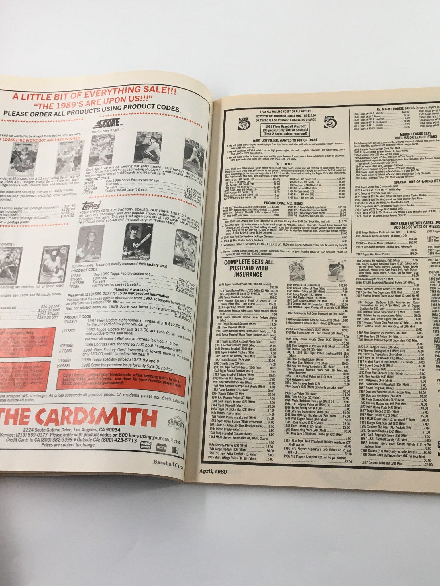 Inside view of VTG Baseball Cards Magazine from April 1989, detailing card sales and product listings, featuring an advertisement for The Cardsmith.