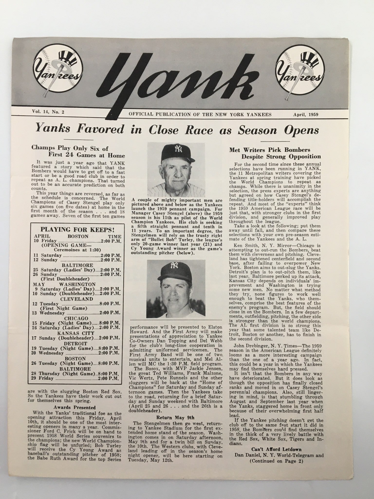 1959 Yank New York Yankees Newsletter Casey Stengel, Bullet Bob Turley No Label