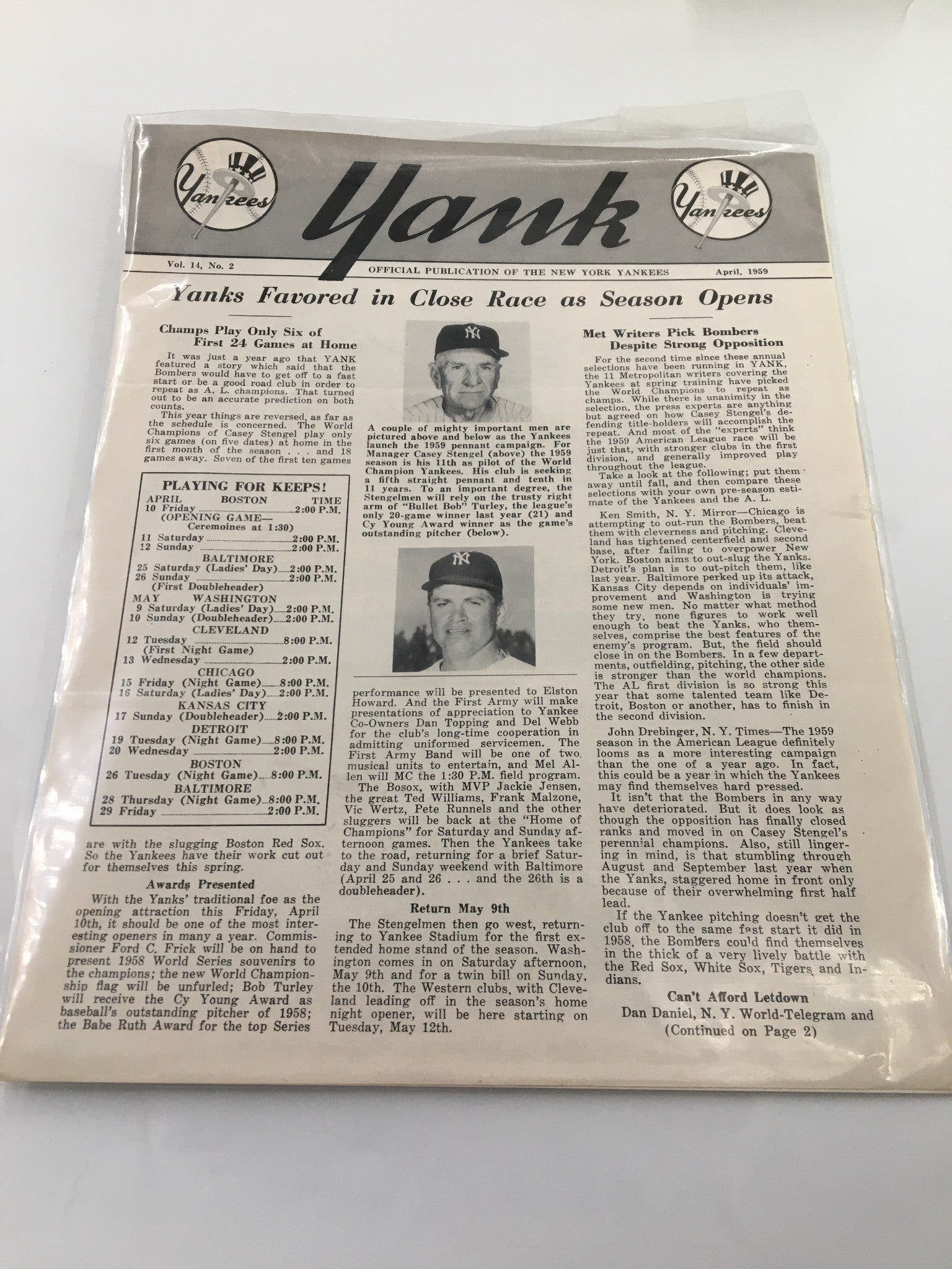 1959 Yank New York Yankees Newsletter Casey Stengel, Bullet Bob Turley No Label