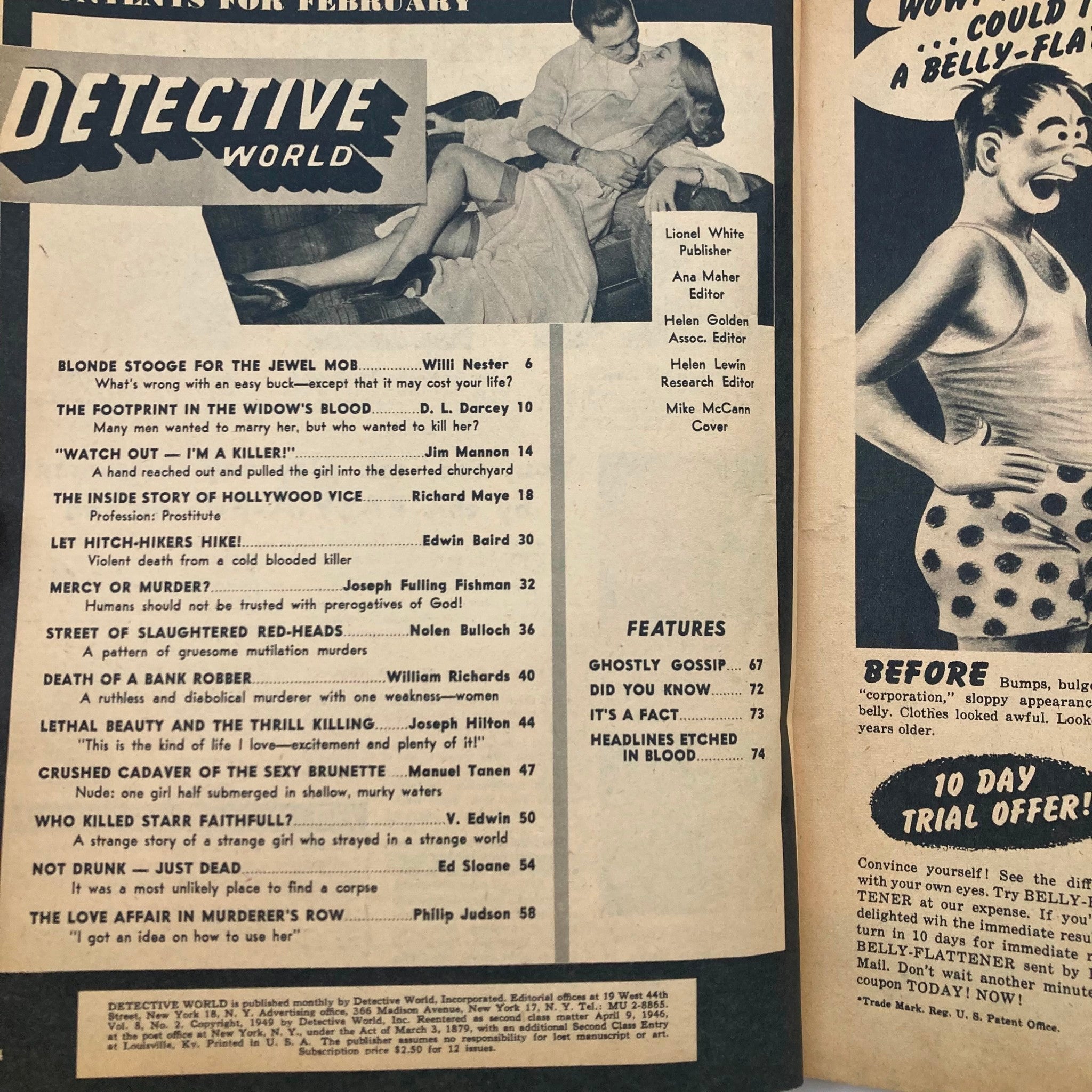 Interior pages of VTG Detective World Magazine February 1950 Vol 8 No. 2, showcasing table of contents with titles of gripping detective stories and articles themed around Hollywood Vice.