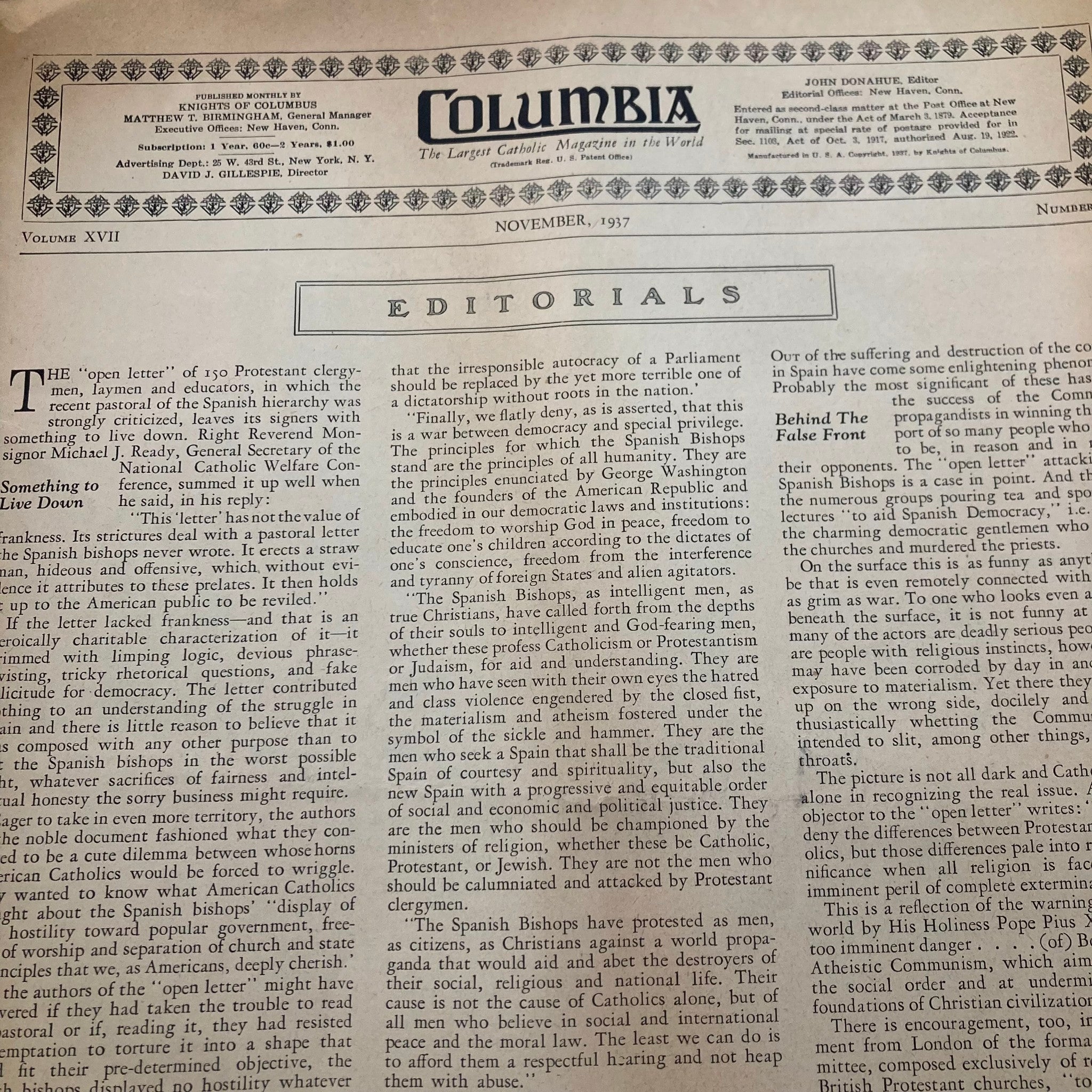 VTG Columbia Magazine November 1937 News of Knights of Columbus Activities