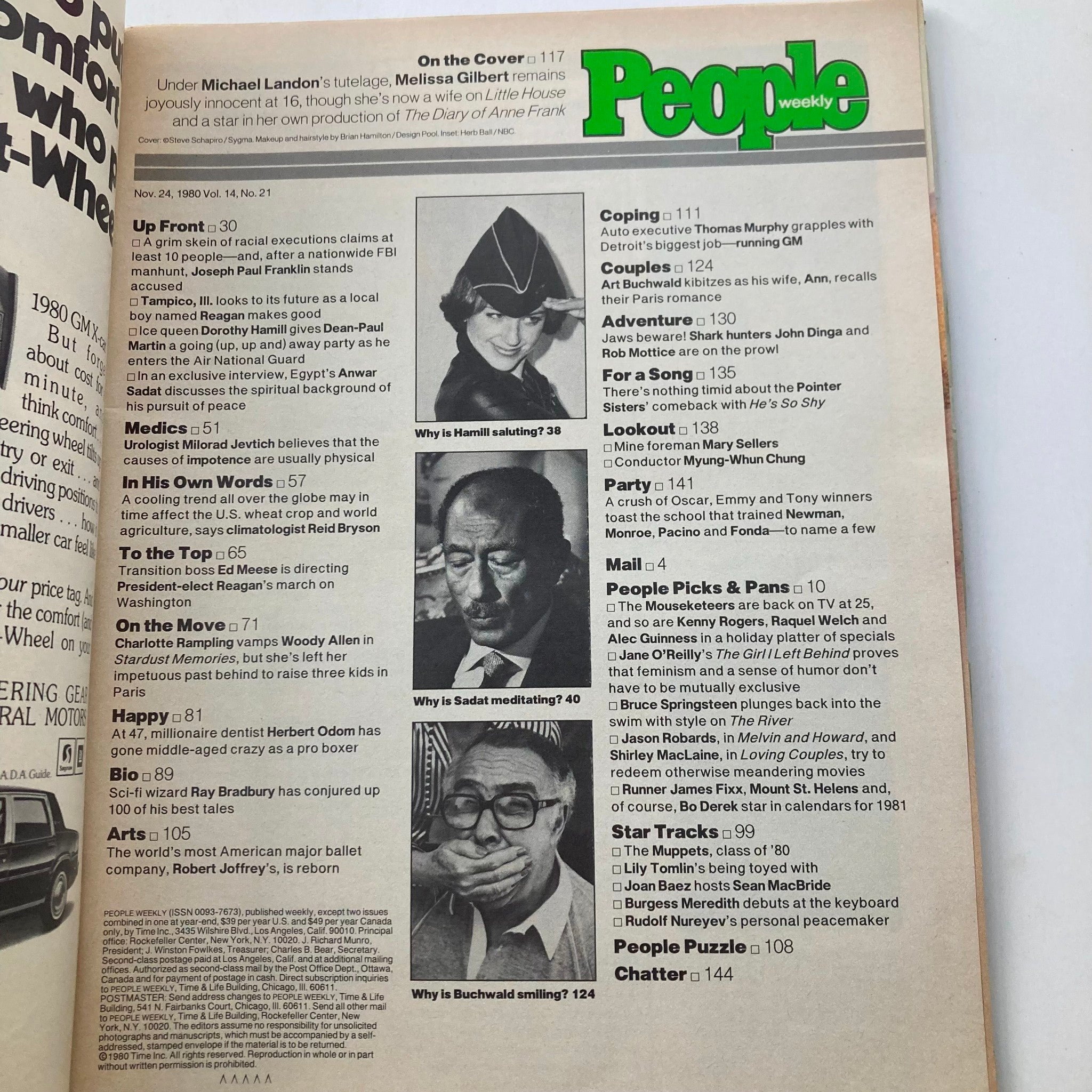 Interior page of the VTG People Extra Weekly Magazine November 24 1980 Vol 14 No. 21, featuring various articles and a cover photo of Melissa Gilbert.
