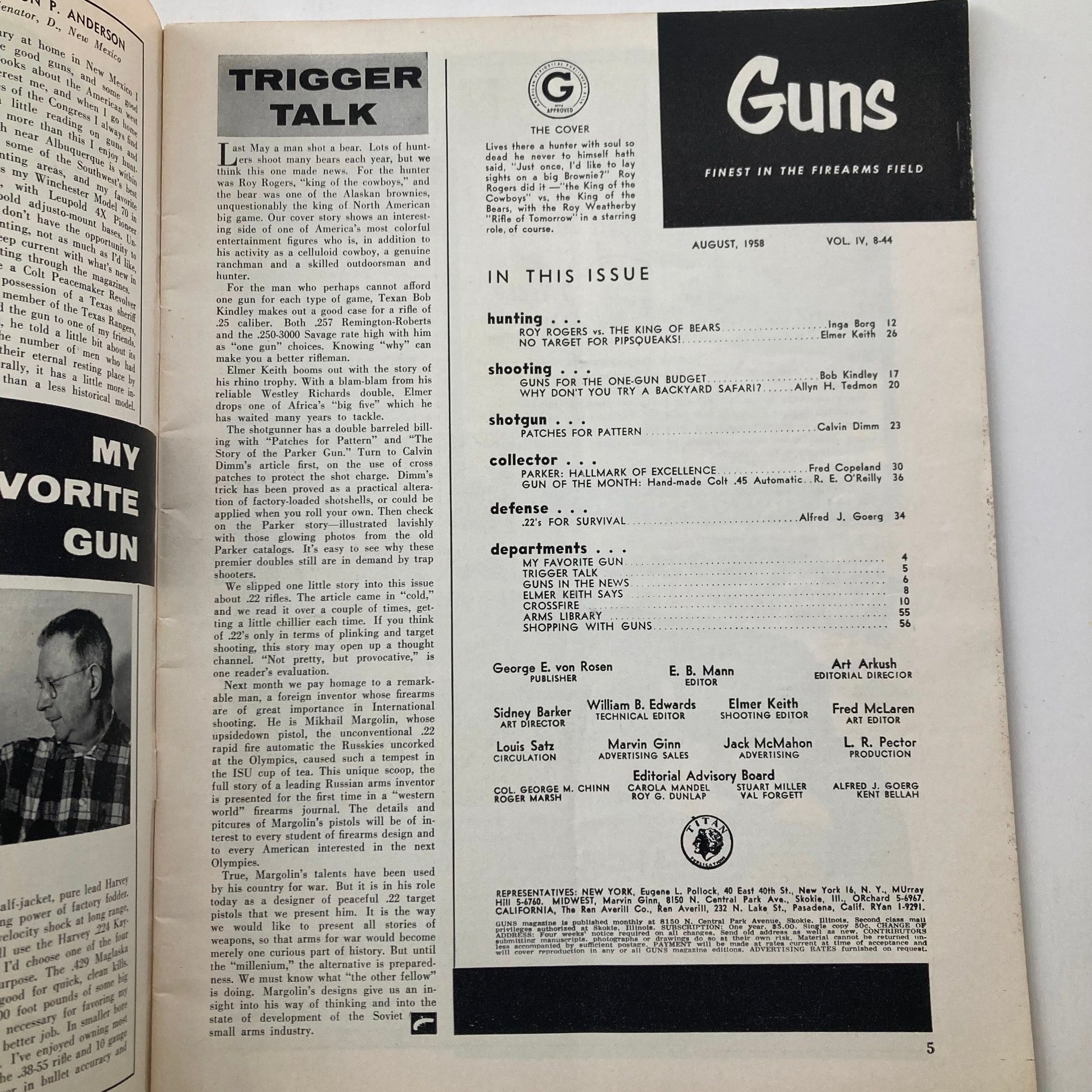 VTG Gun's Magazine August 1958 Vol 4 8-44 Roy Rogers vs Kings of Bears No Label