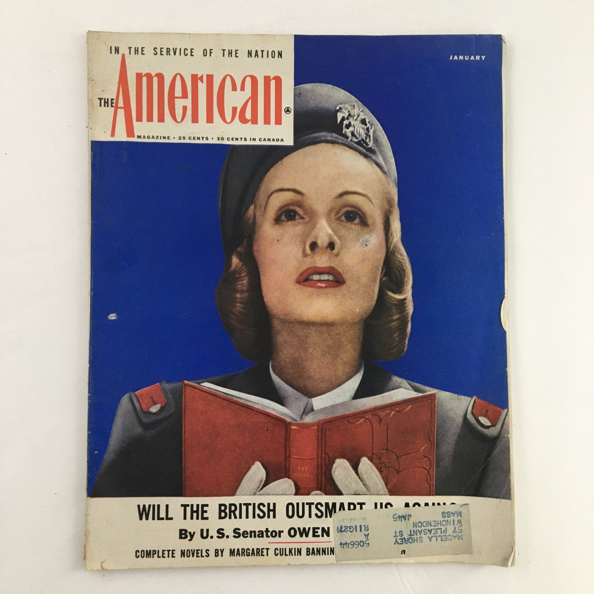 Cover of The American Magazine January 1945 featuring model Wendy Russell, showcasing mid-century fashion and cultural themes from the 1940s.