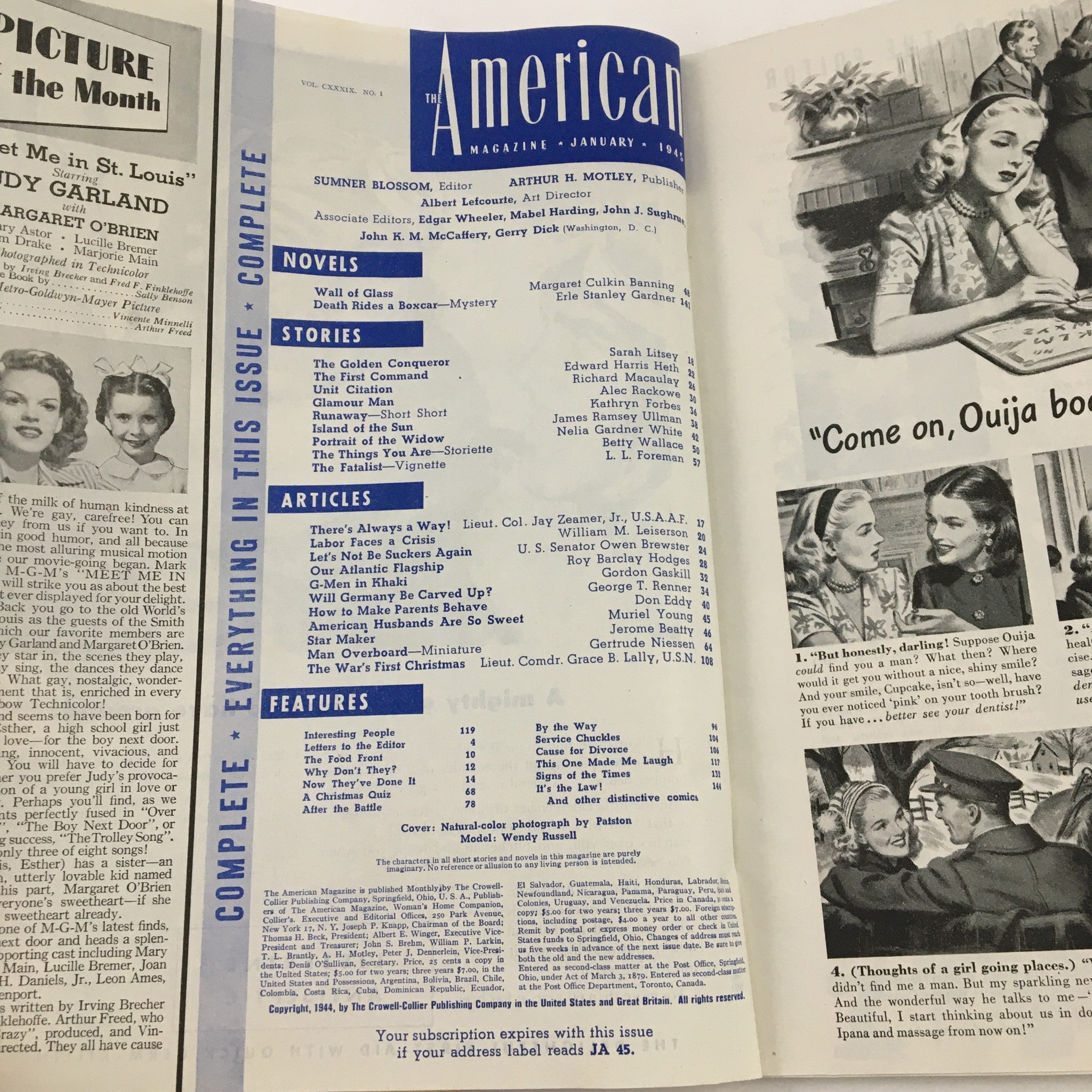 Interior page of The American Magazine January 1945, displaying article titles, features, and vintage advertisements relevant to the era.