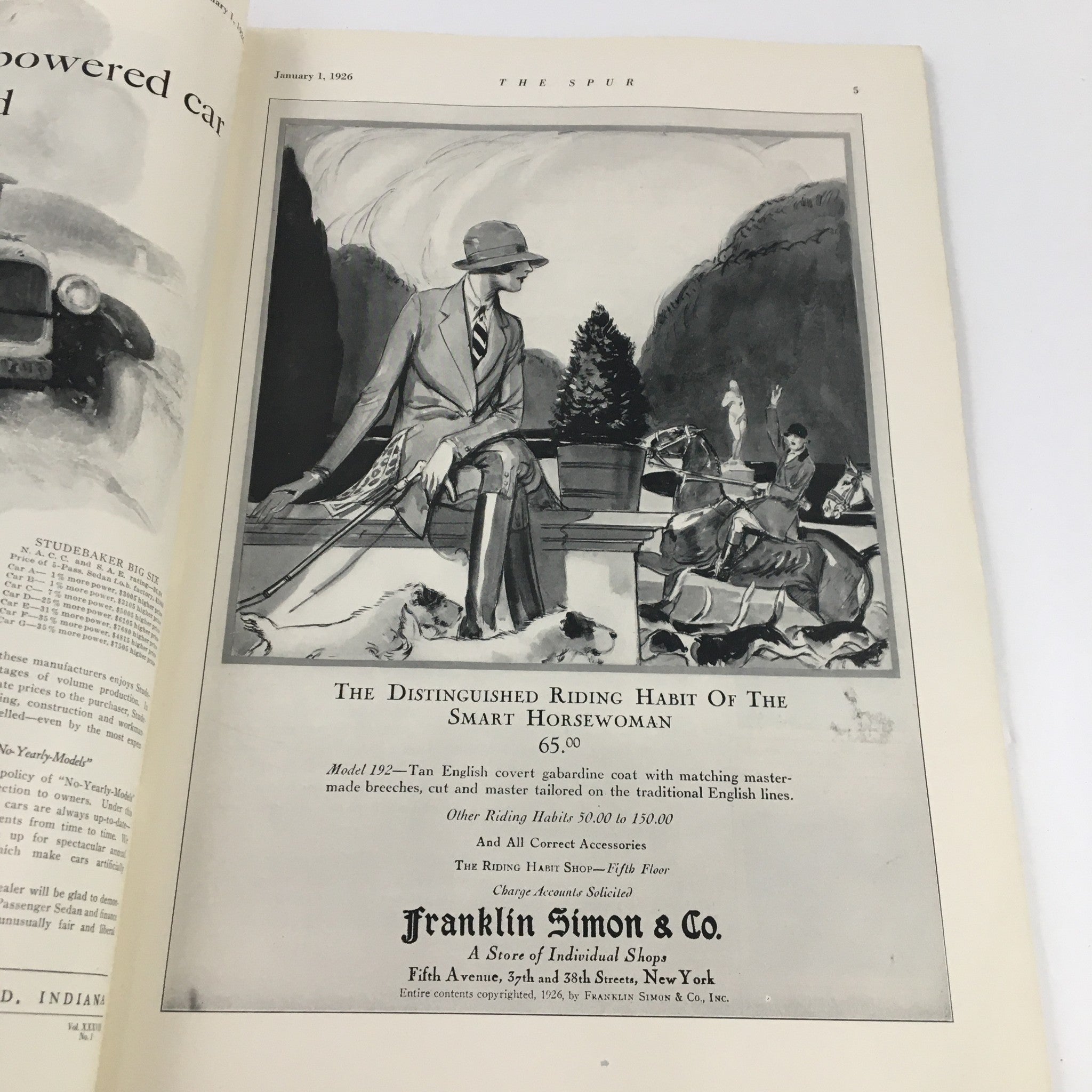 Interior page of The Spur Magazine, January 1, 1926, showcasing an advertisement for horse riding apparel with a distinguished horsewoman illustration.