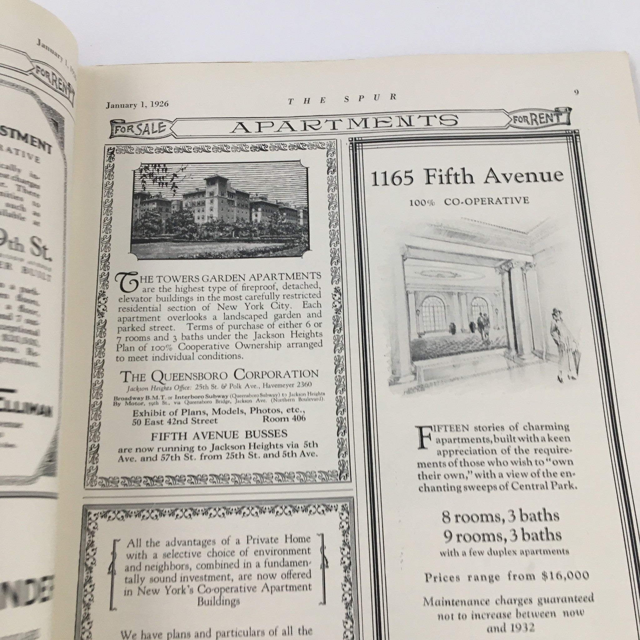 Interior page of The Spur Magazine, January 1, 1926, featuring real estate advertisements for apartments available for sale or rent on Fifth Avenue.