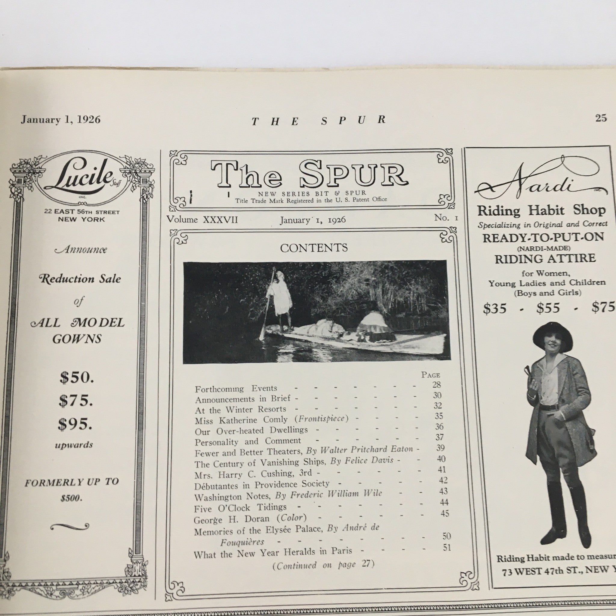 The Spur Magazine January 1, 1926 featuring the contents page listing articles and advertisements including fashion and event announcements.