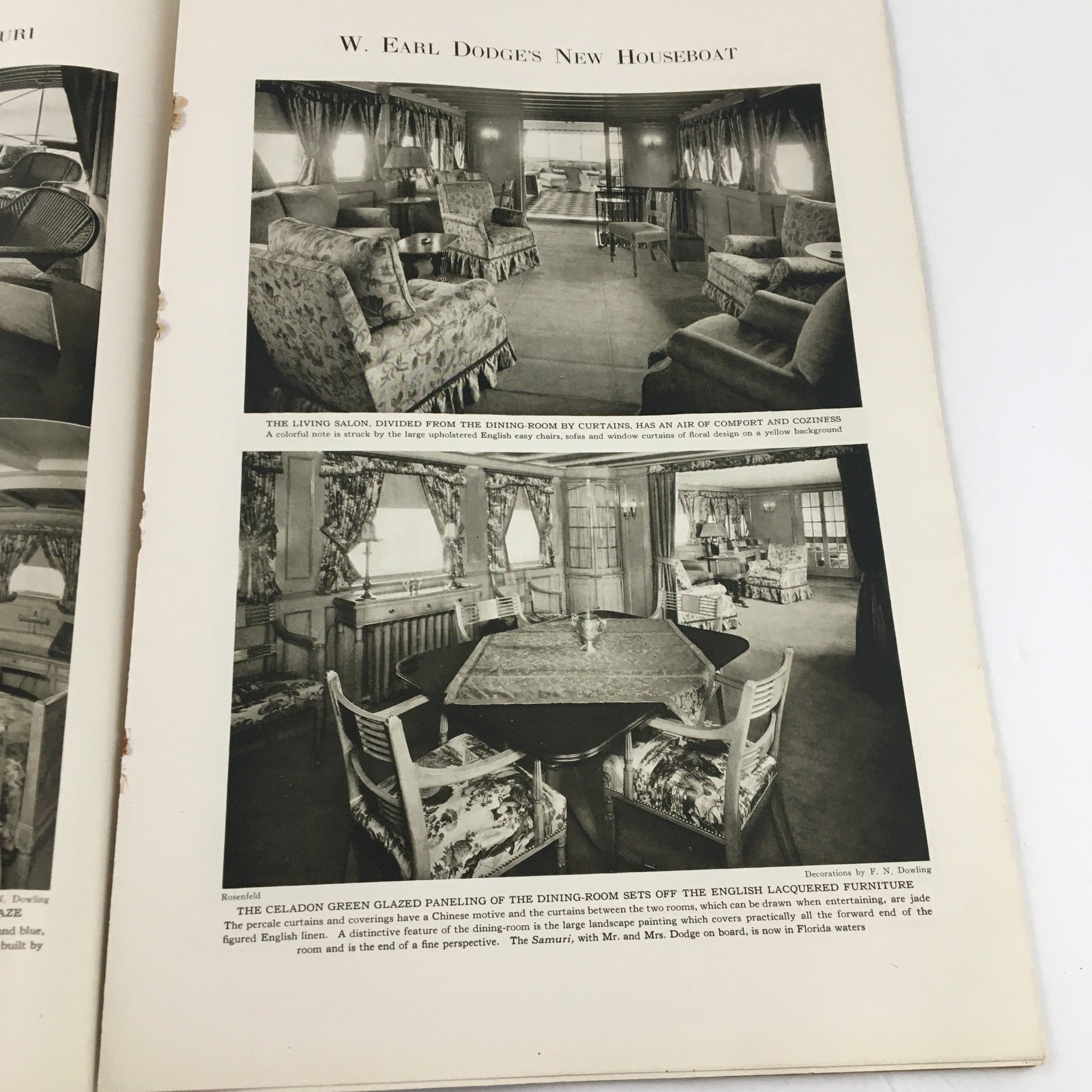 The Spur Magazine January 1, 1926 showcasing interior images of W. Earl Dodge's new houseboat, highlighting the elegant furnishings and decor.