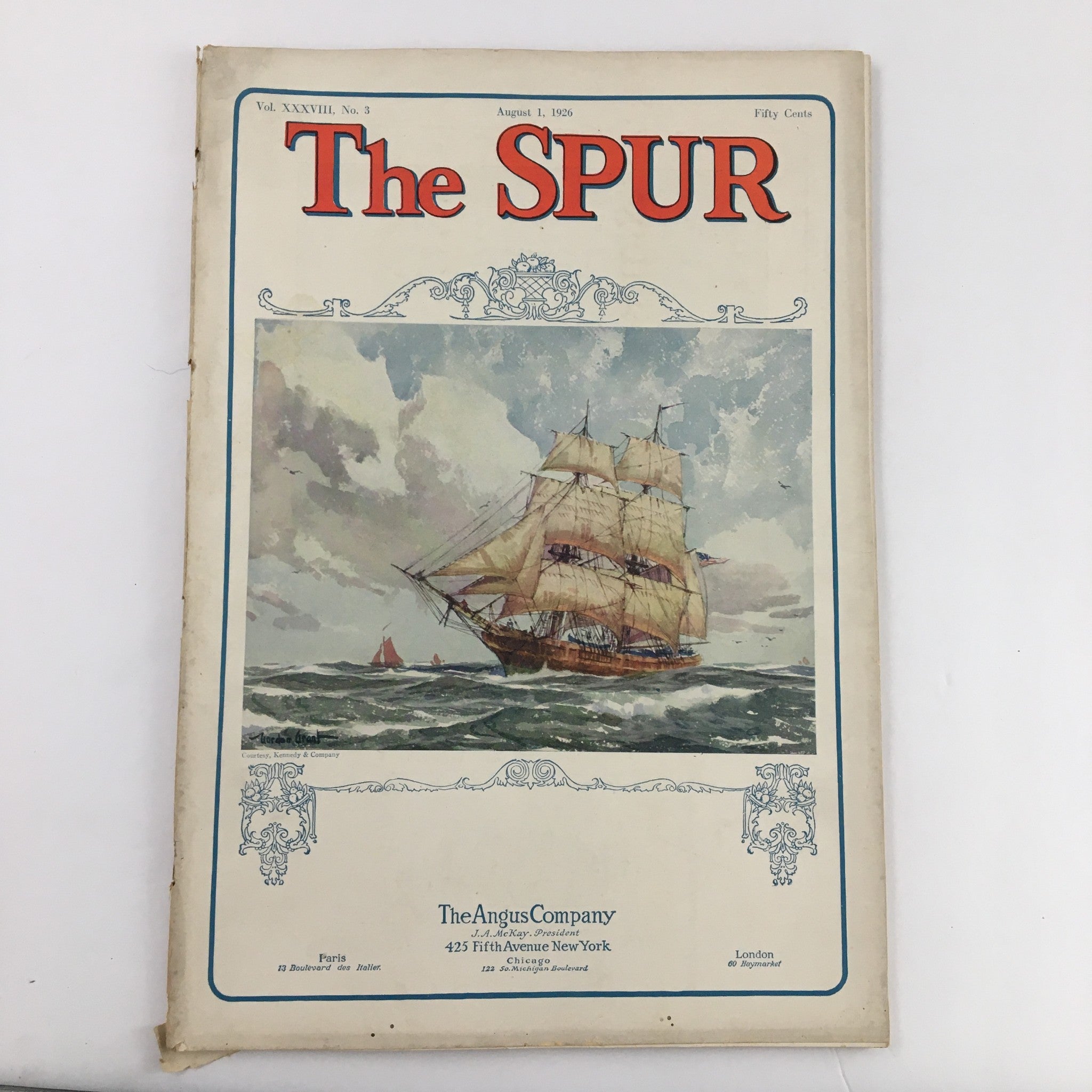 Cover of VTG The Spur Magazine August 1, 1926, featuring a ship sailing beneath a cloudy sky, showcasing the theme 'Summer Along The Mediterranean.'