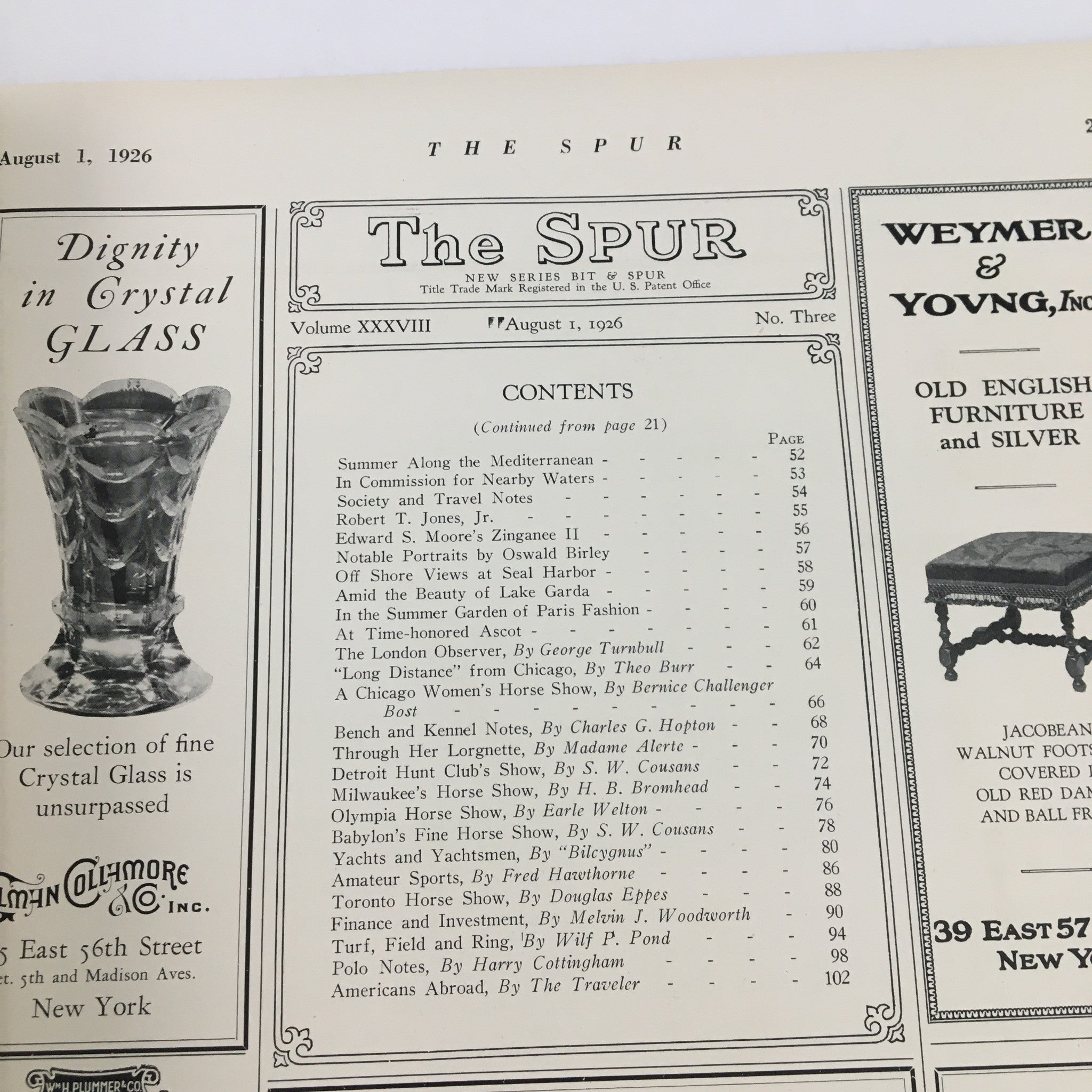Contents page of VTG The Spur Magazine August 1 1926 listing articles related to Summer Along The Mediterranean, showcasing vintage typography.