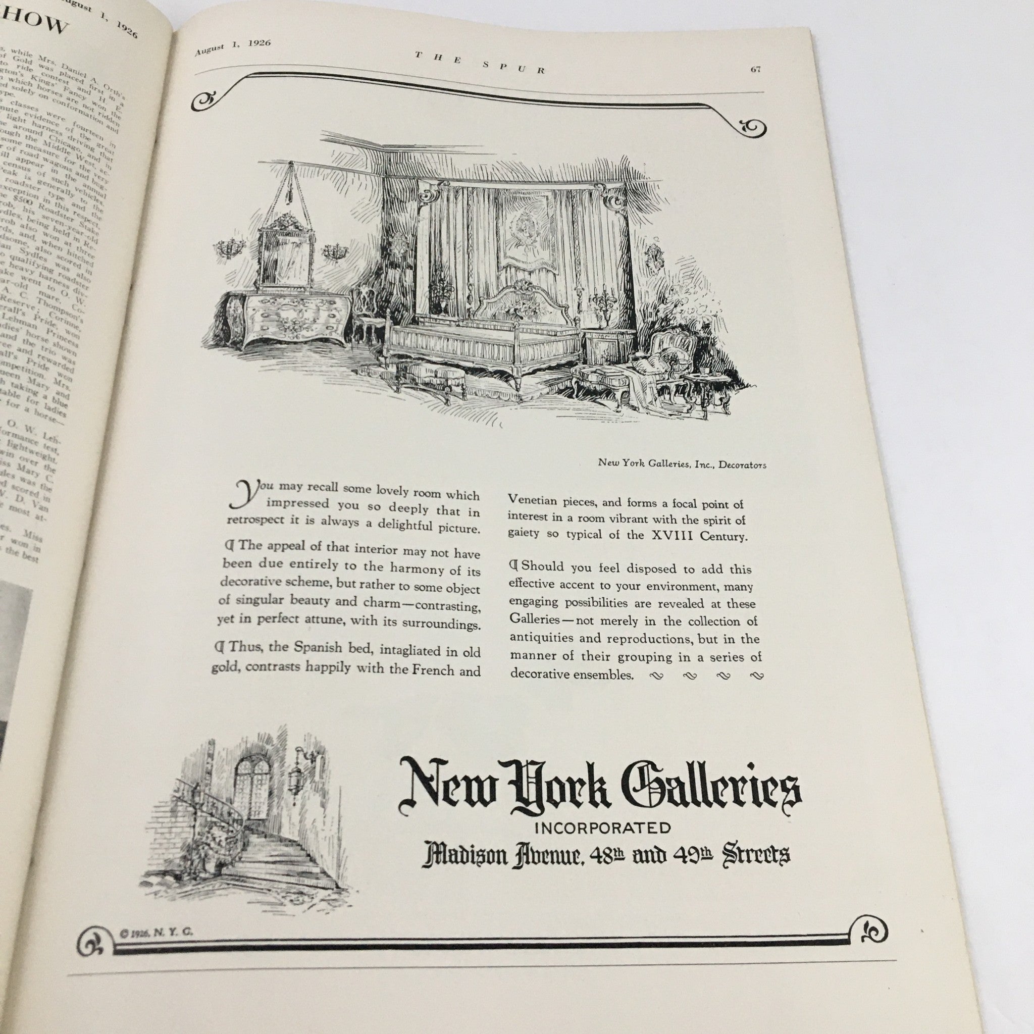 Interior page of VTG The Spur Magazine August 1 1926 highlighting an artistic advertisement for New York Galleries, featuring vintage illustration.