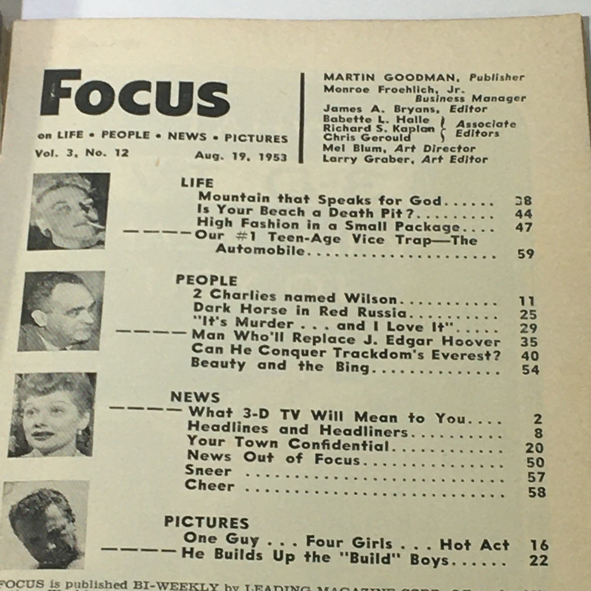 VTG Focus Magazine August 19 1953 Vol 3 #12 Mona Freeman Cover, Newsstand