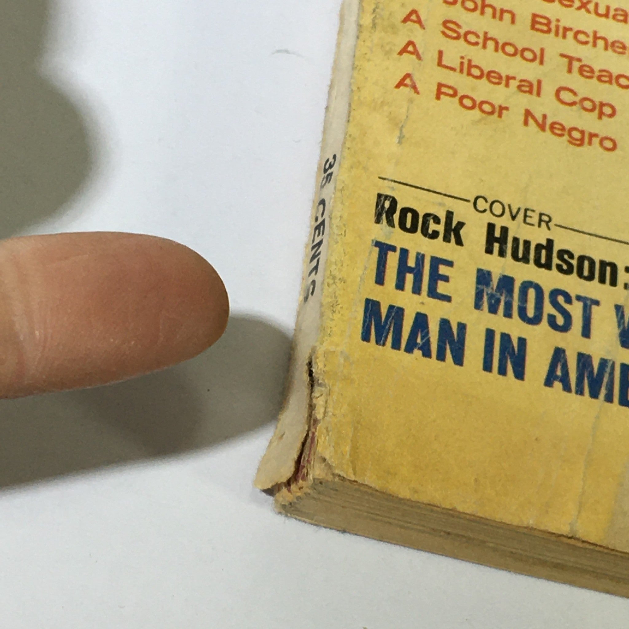 Close-up view of the spine of VTG Coronet Magazine June 1967 Vol 5 #8 highlighting the title 'Rock Hudson: The Most Wanted Man in America'.