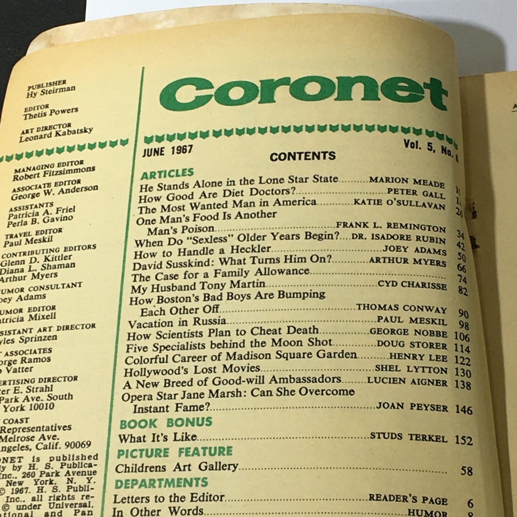 Inside page of VTG Coronet Magazine June 1967 Vol 5 #8 showing the contents list and highlighting the article 'The Most Wanted Man in America'.