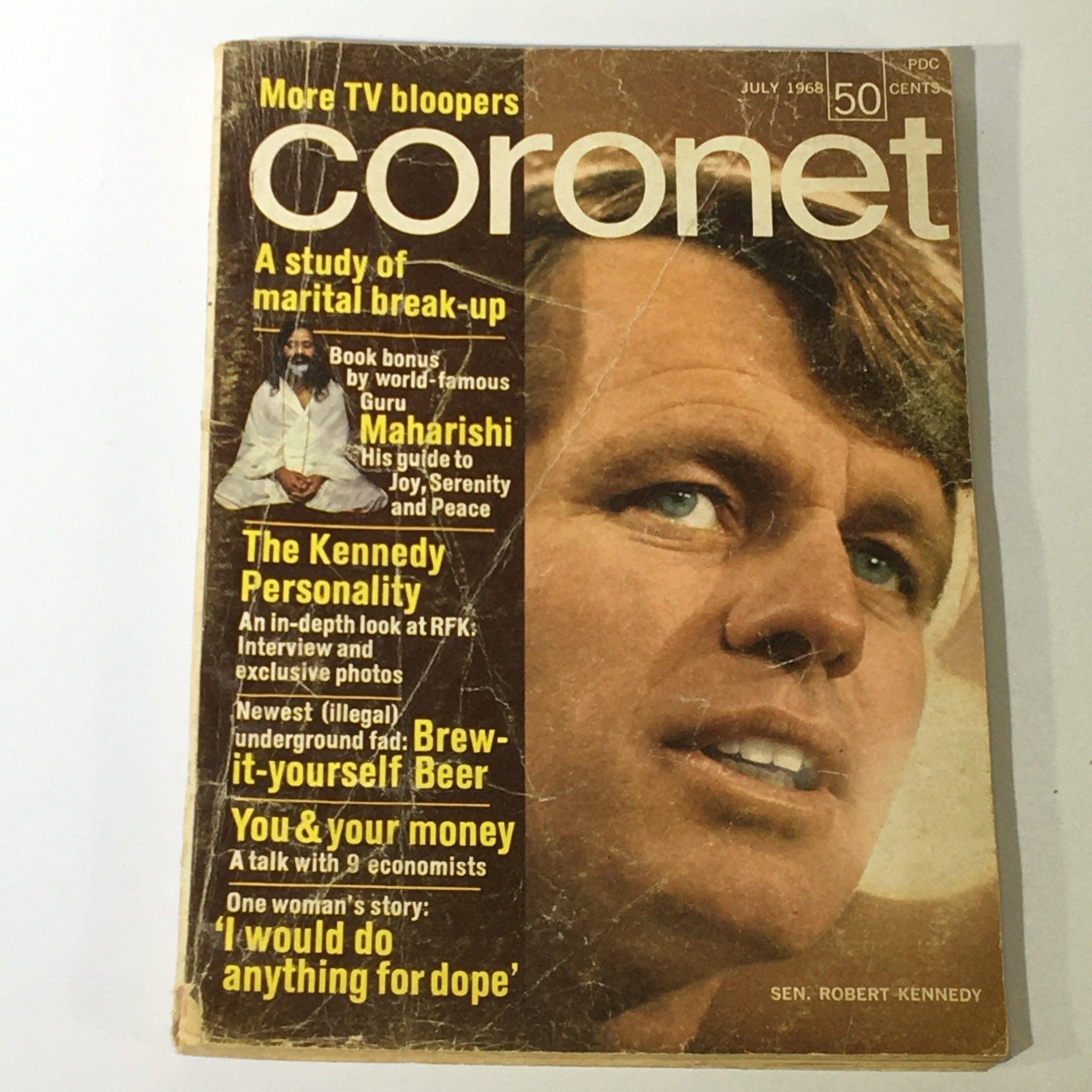 Cover of VTG Coronet Magazine July 1968 Vol 6 #7 featuring an image of Senator Robert Kennedy, showcasing the magazine's title and headlines about The Kennedy Personality and other related articles.
