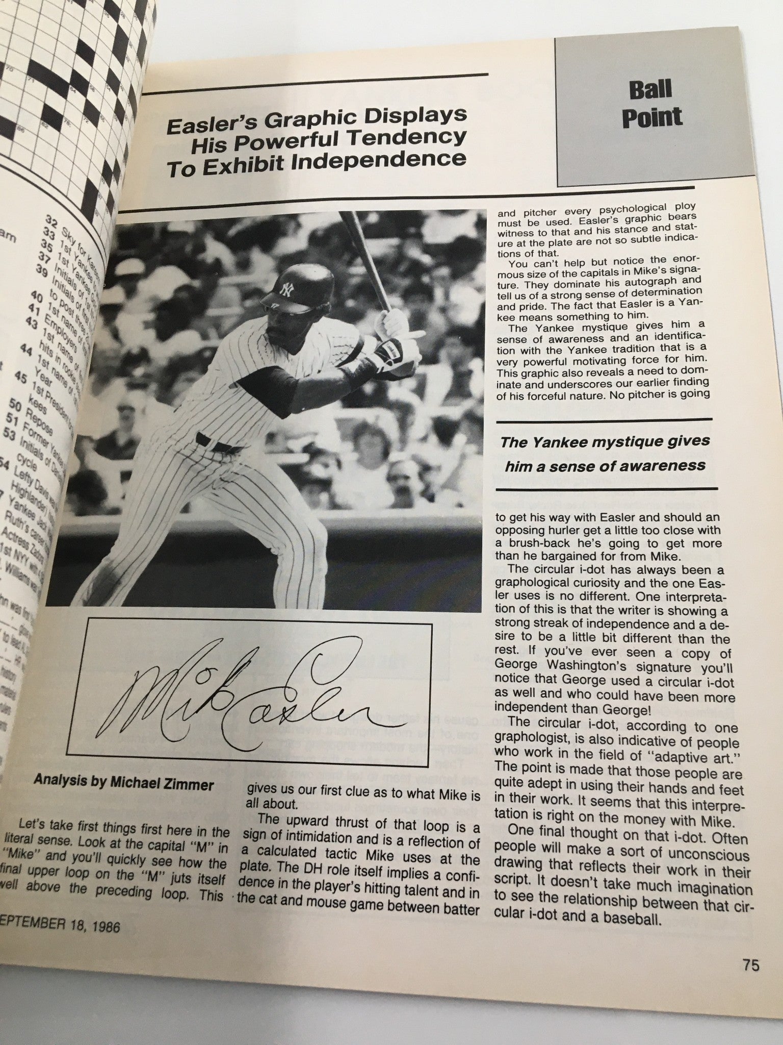 Yankees Magazine September 18 1986 Don Mattingly, Joe Dugan, Claudell Washington