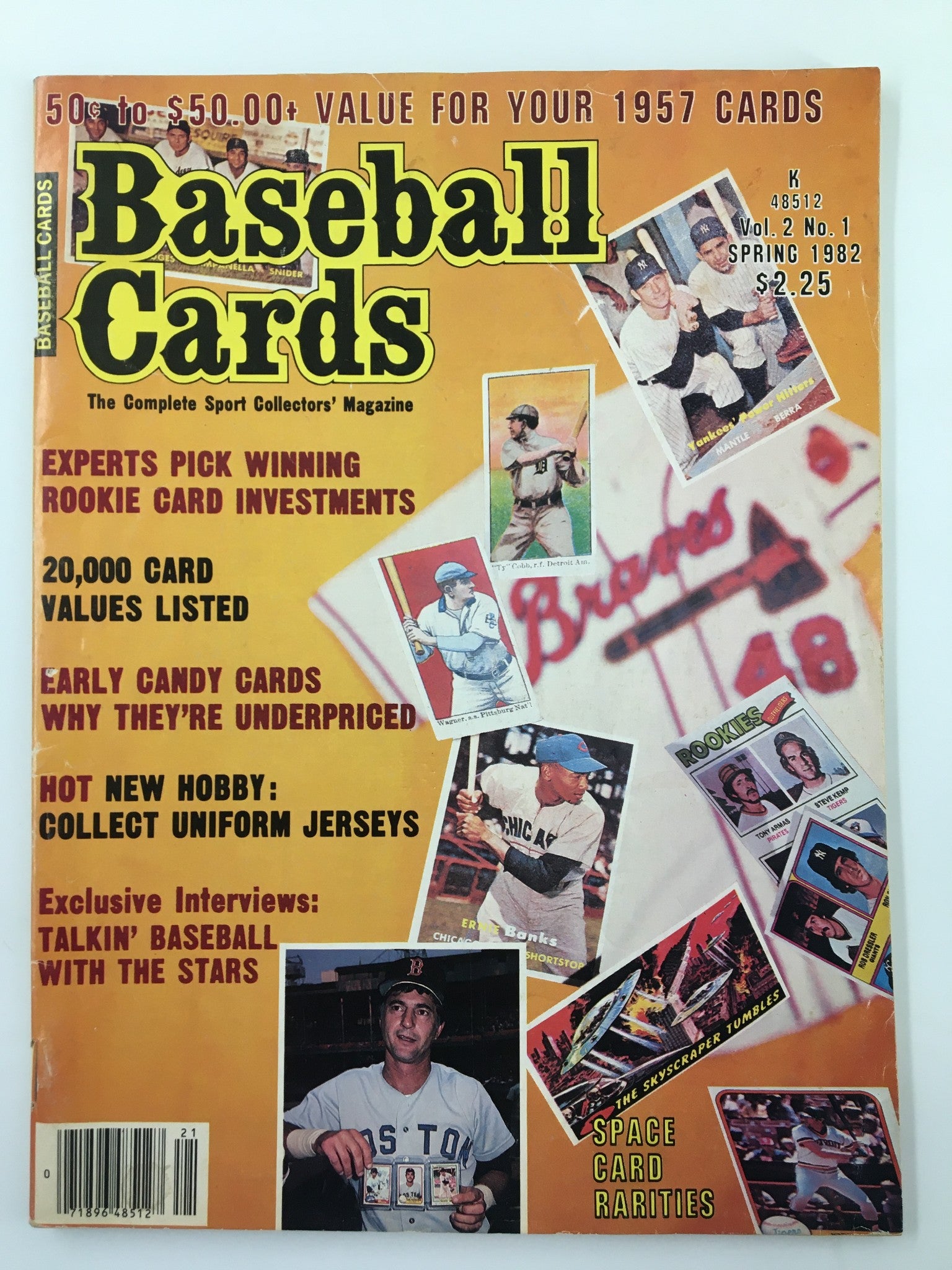Cover of VTG Baseball Cards Magazine Spring 1982 edition featuring Ernie Banks and Tony Armas, highlighting baseball card investments and collectible insights.