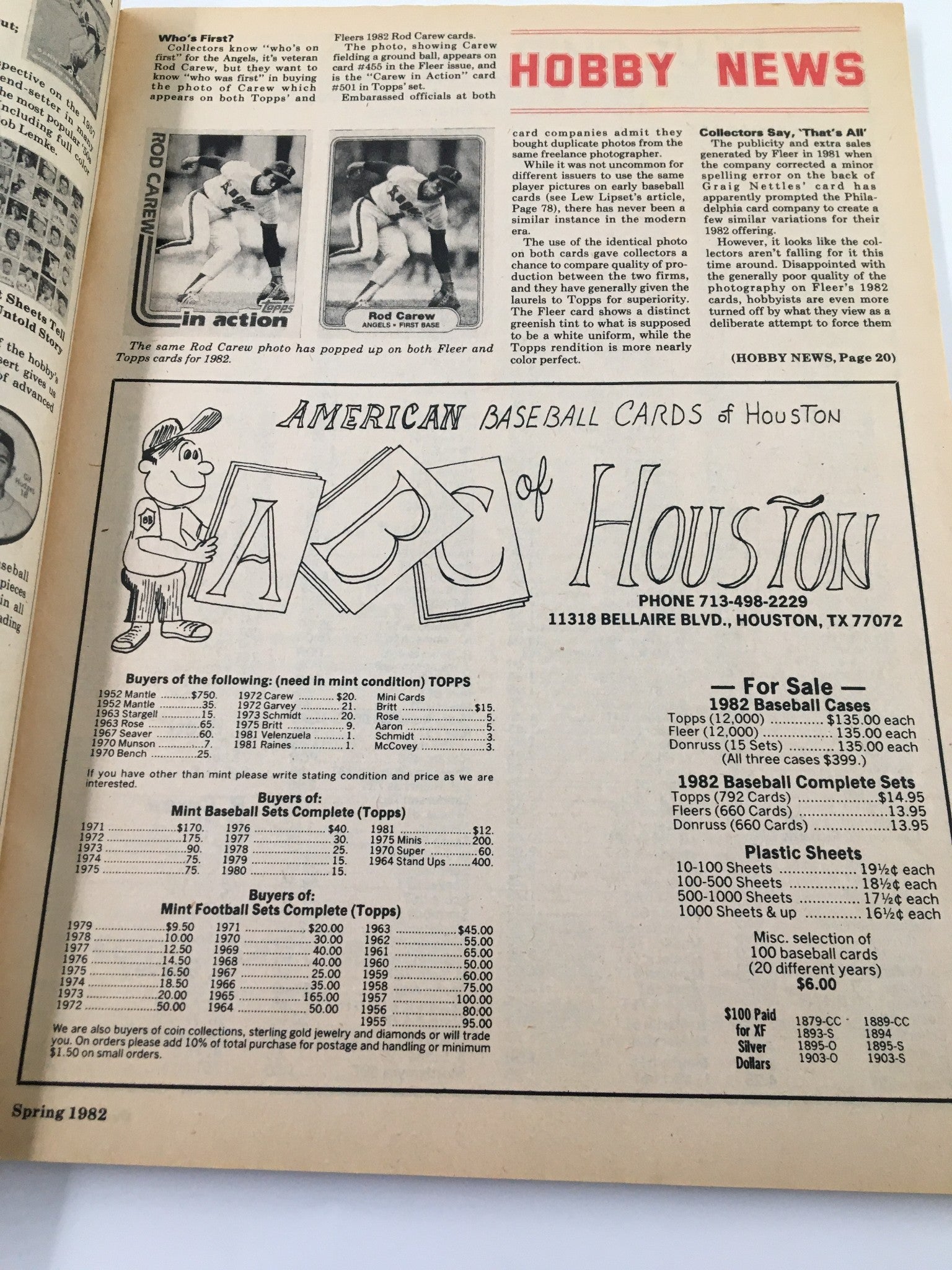 Page from VTG Baseball Cards Magazine Spring 1982 showing hobby news, featuring Rod Carew card details, highlighting baseball card collecting.