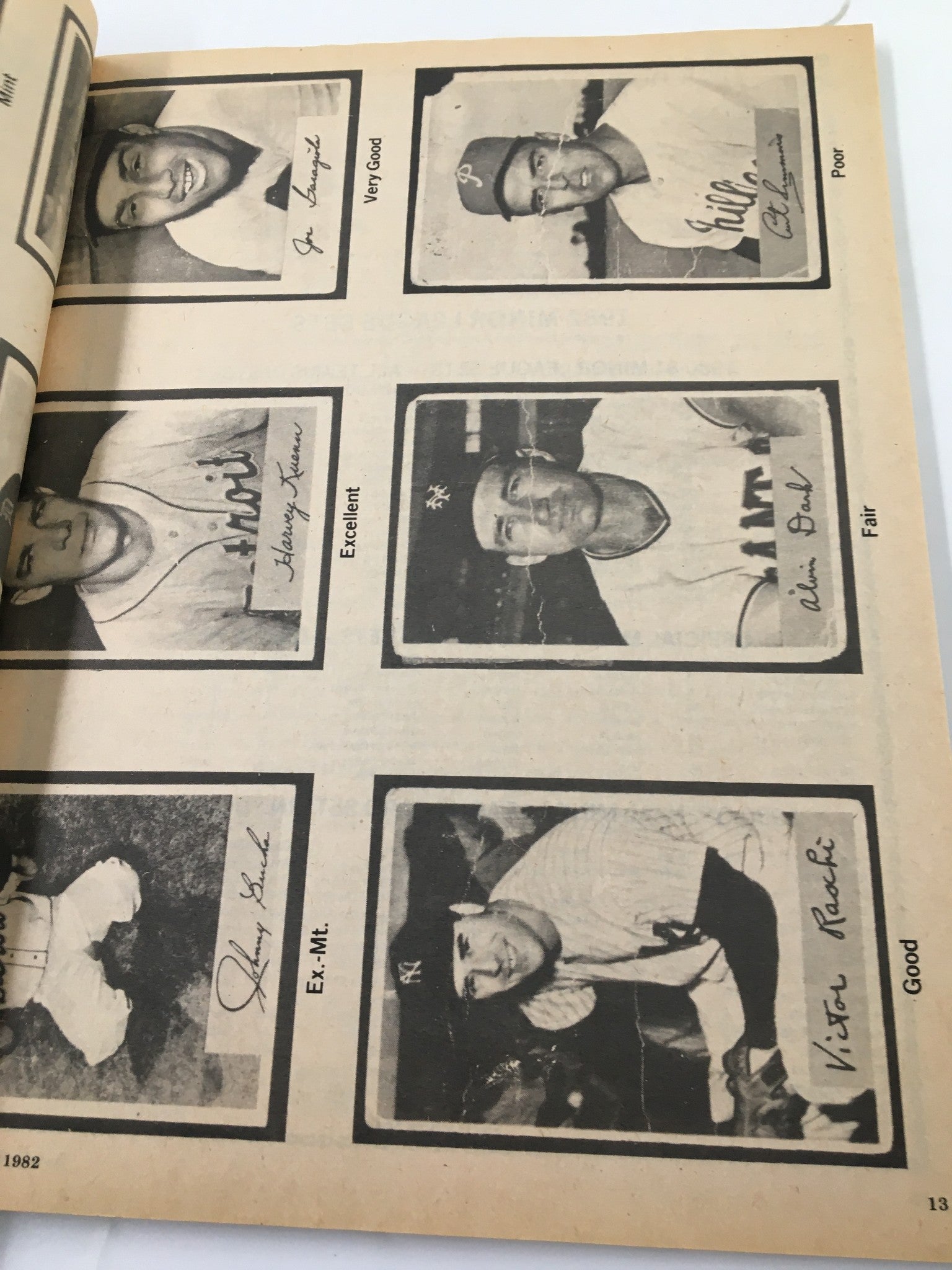 Page featuring player photos and grading descriptions from VTG Baseball Cards Magazine Spring 1982, illustrating various baseball card conditions.