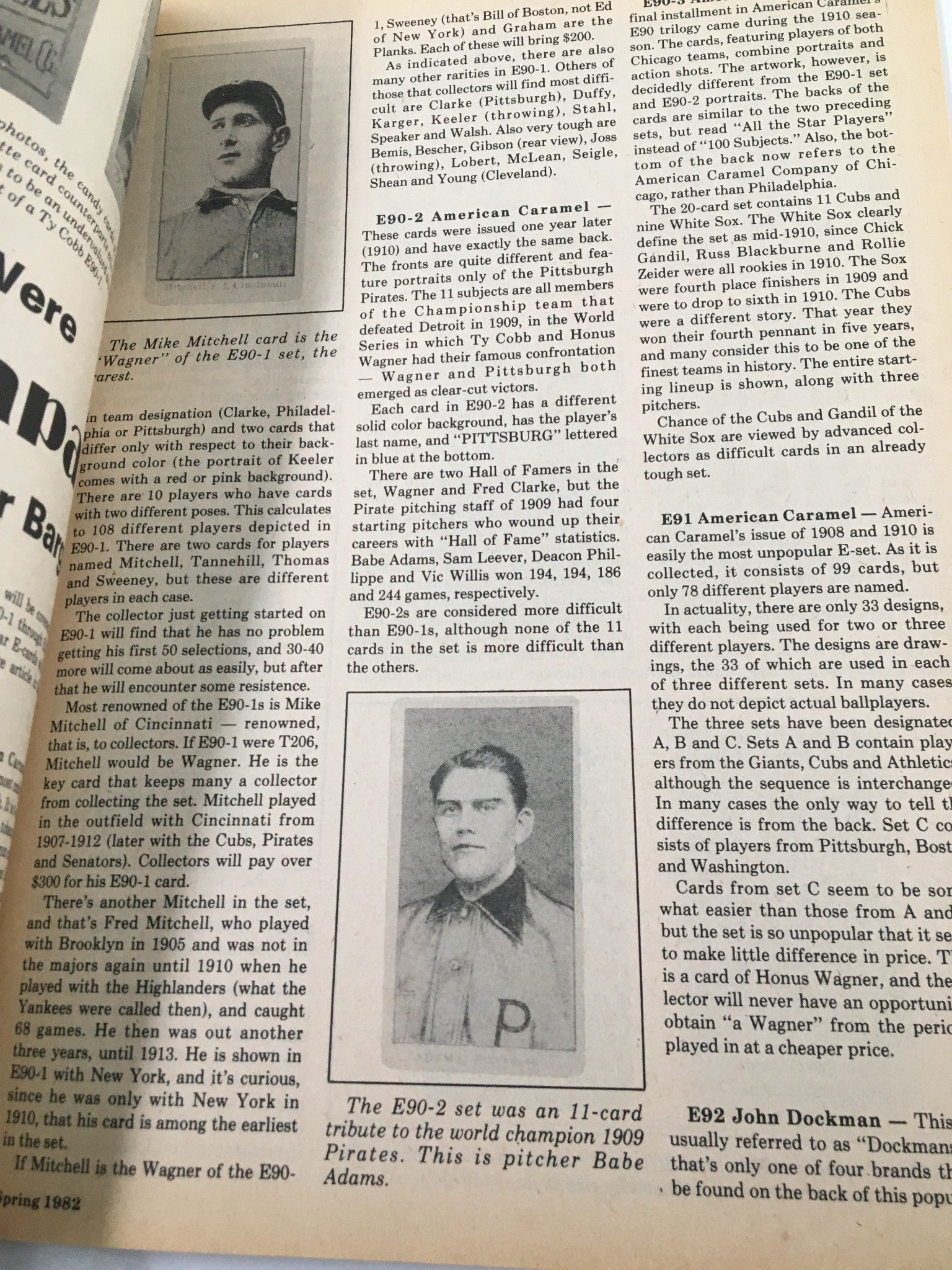 Page from VTG Baseball Cards Magazine Spring 1982 discussing the E90 and E91 American Caramel baseball cards with illustrated player images.