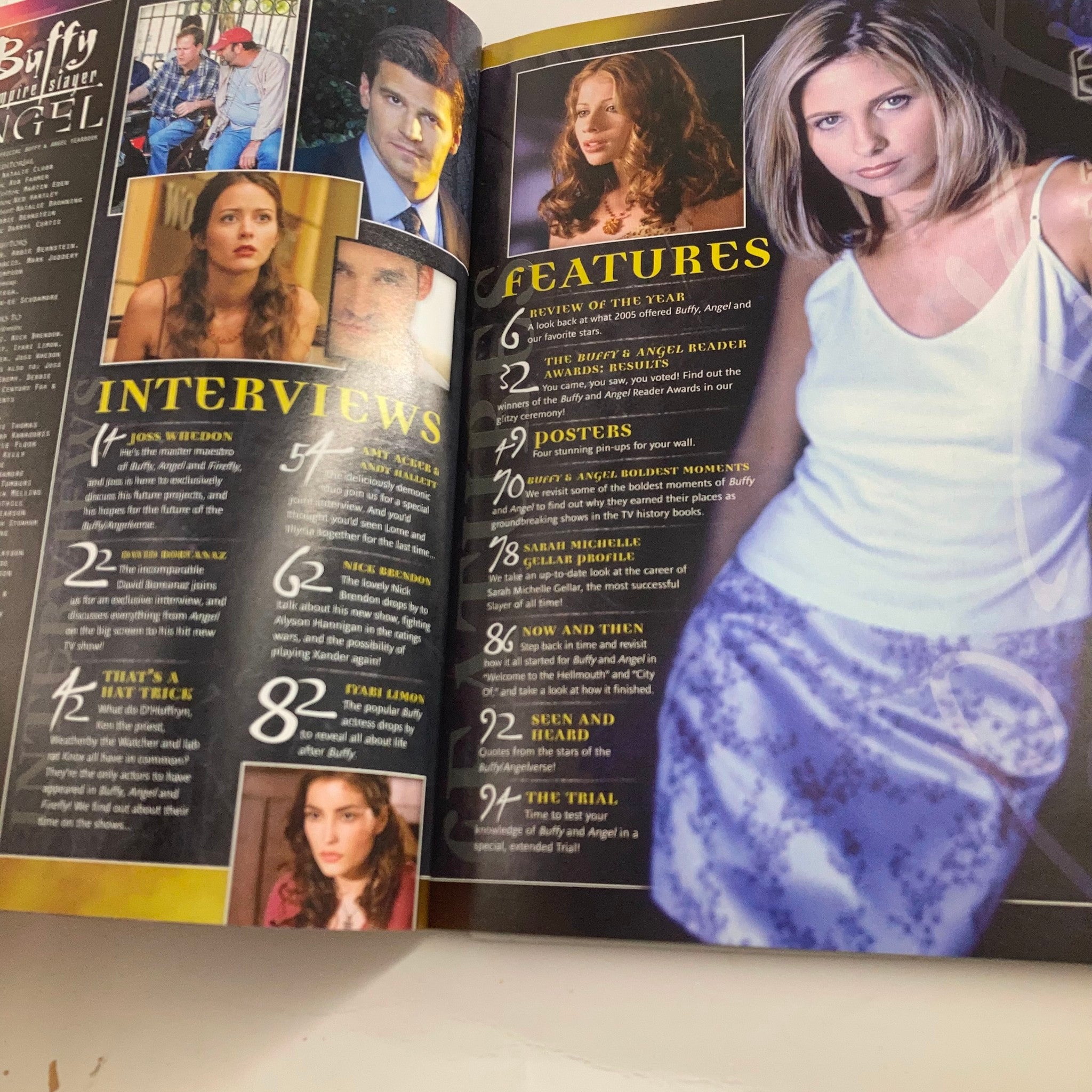 Inside page of The Official Buffy & Angel Yearbook January 2006 showcasing features, interviews, and posters related to Buffy and Angel, emphasizing significant moments and characters.