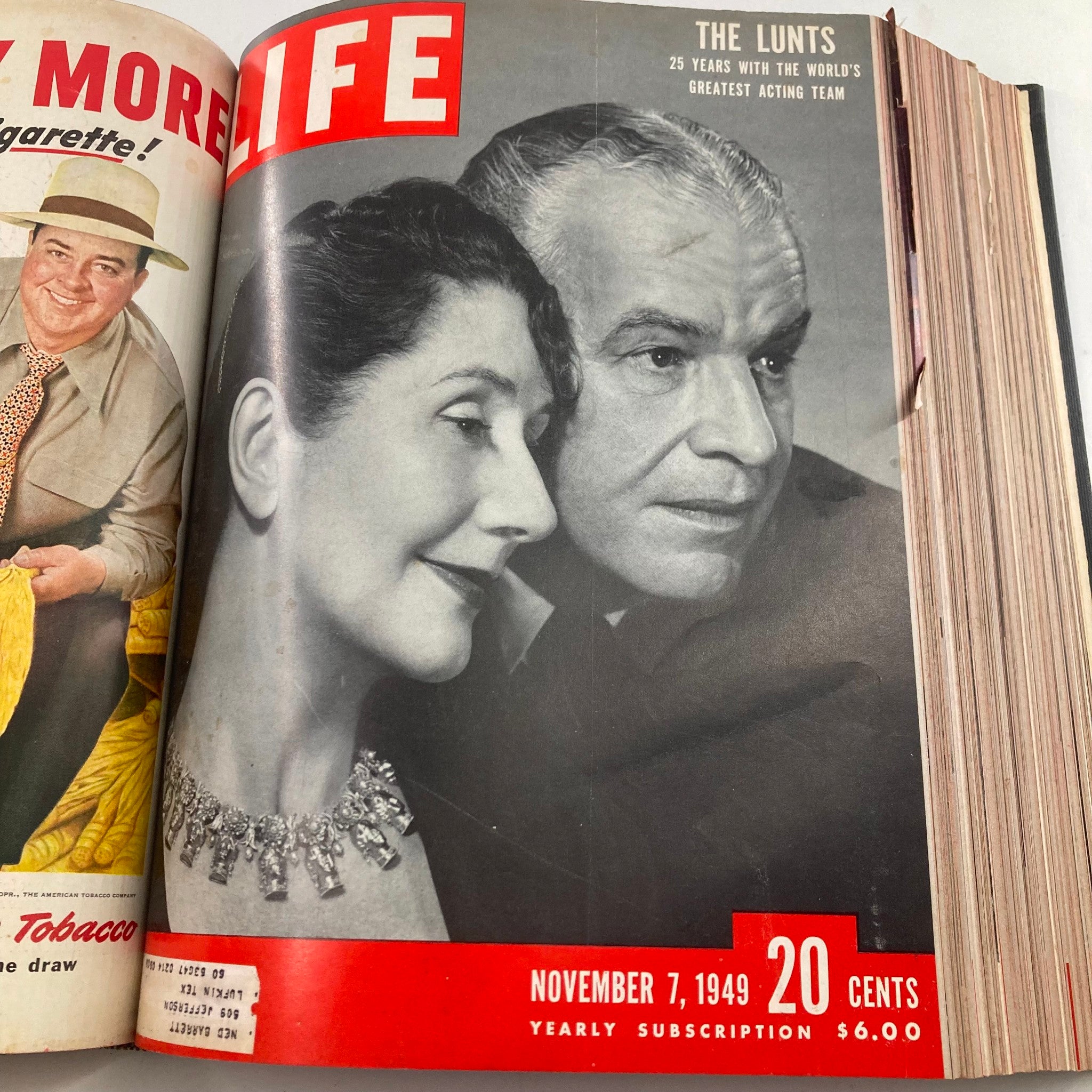 Cover of VTG 1949 Bound Life Magazine presenting the Lunts, a famous acting duo, for the issue dated November 7, 1949.