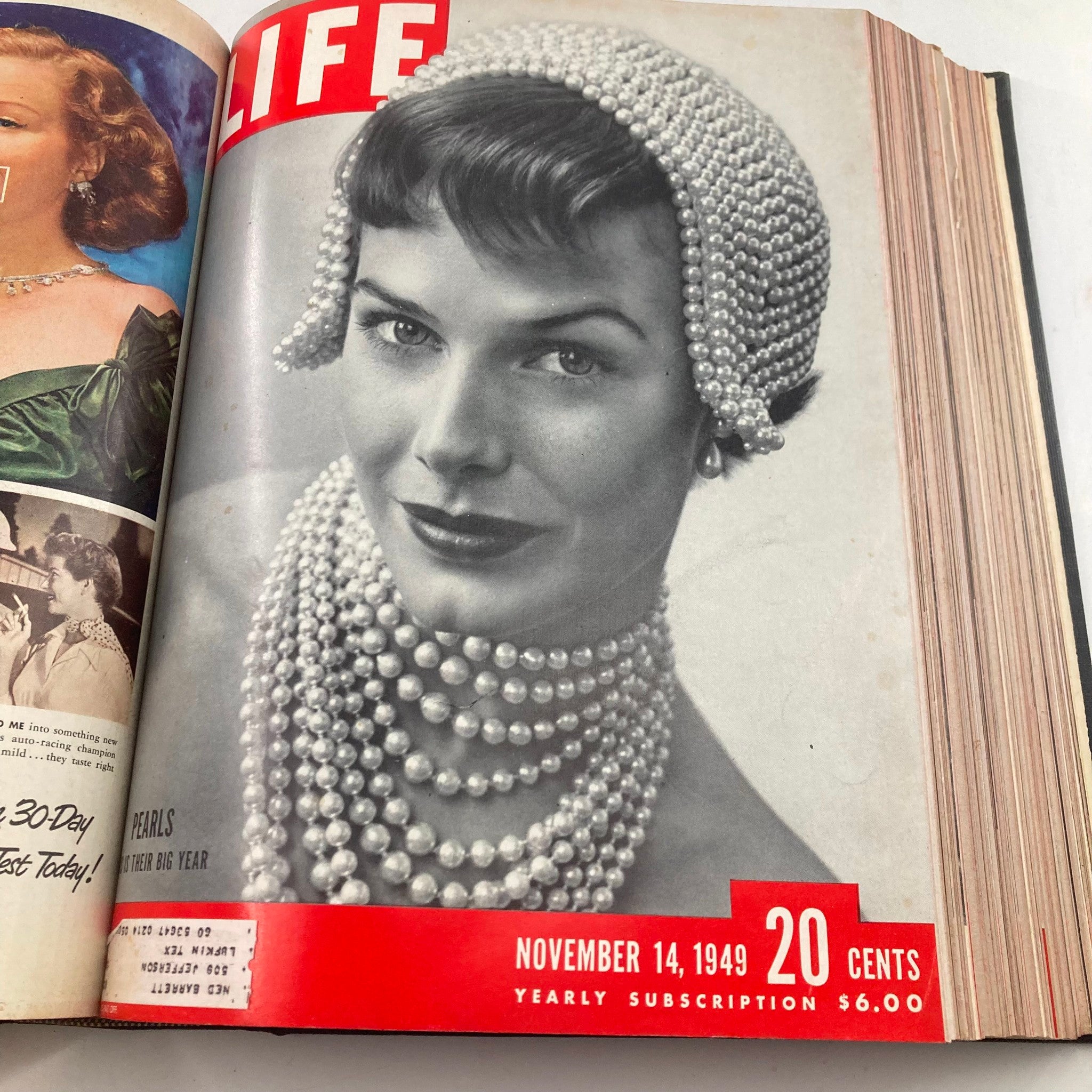 Cover of VTG 1949 Bound Life Magazine with a model adorned in pearls, representing the theme for the issue dated November 14, 1949.