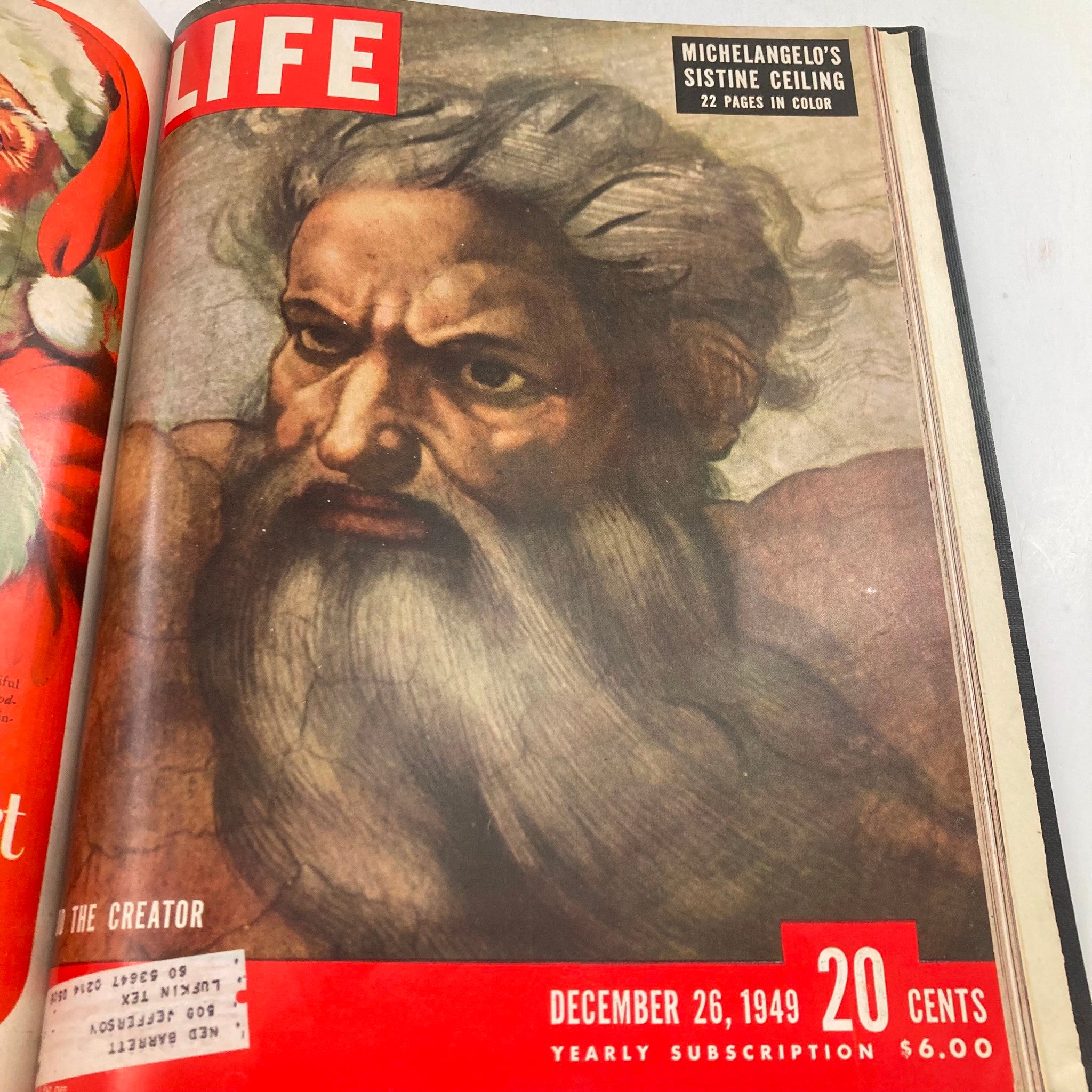 Cover of VTG 1949 Bound Life Magazine featuring Michelangelo's Sistine Ceiling, depicting God the Creator from the December 26, 1949 issue.