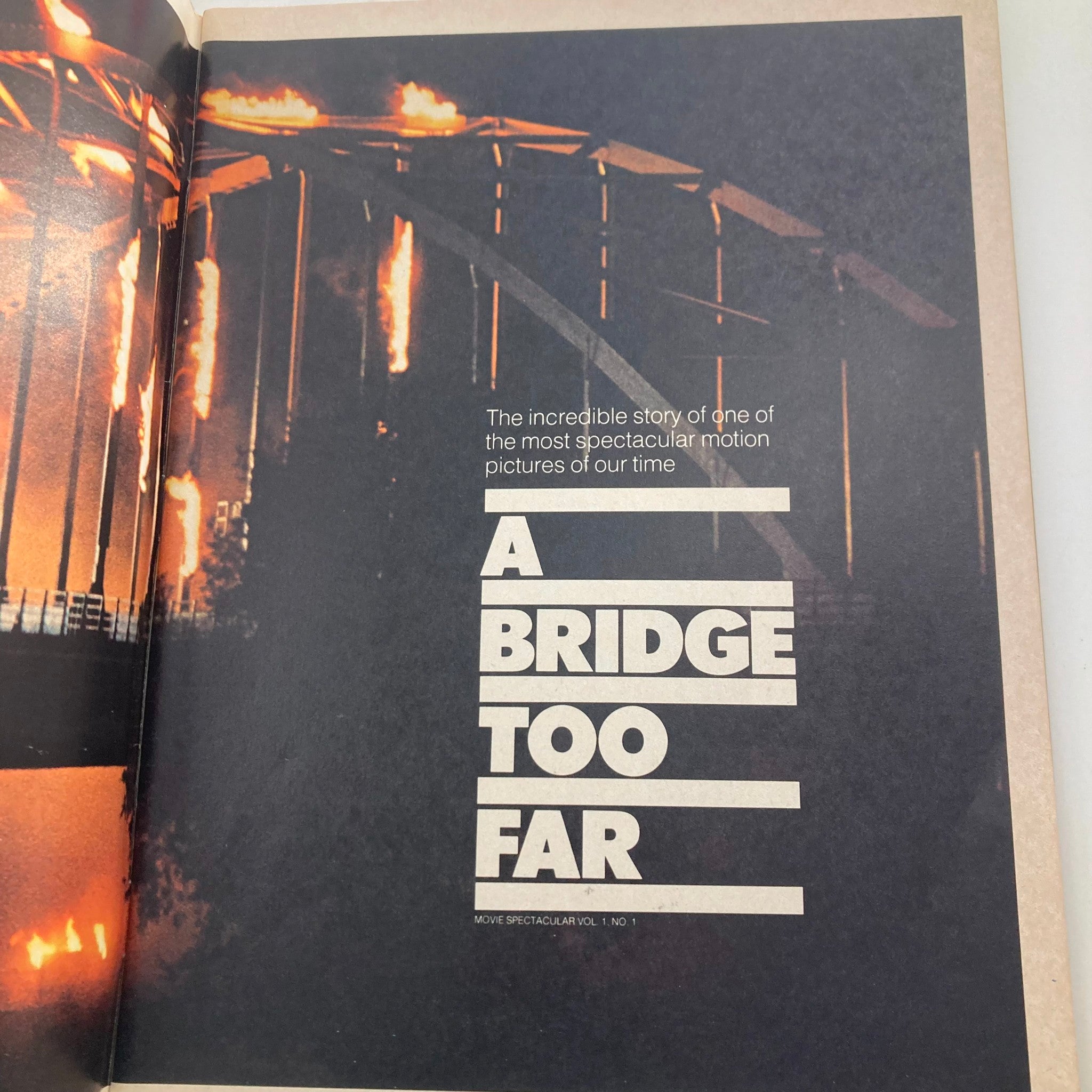 Inside page of the Vintage Movie Spectacular Magazine 1977 A Bridge Too Far showcasing a dramatic image of a burning bridge.