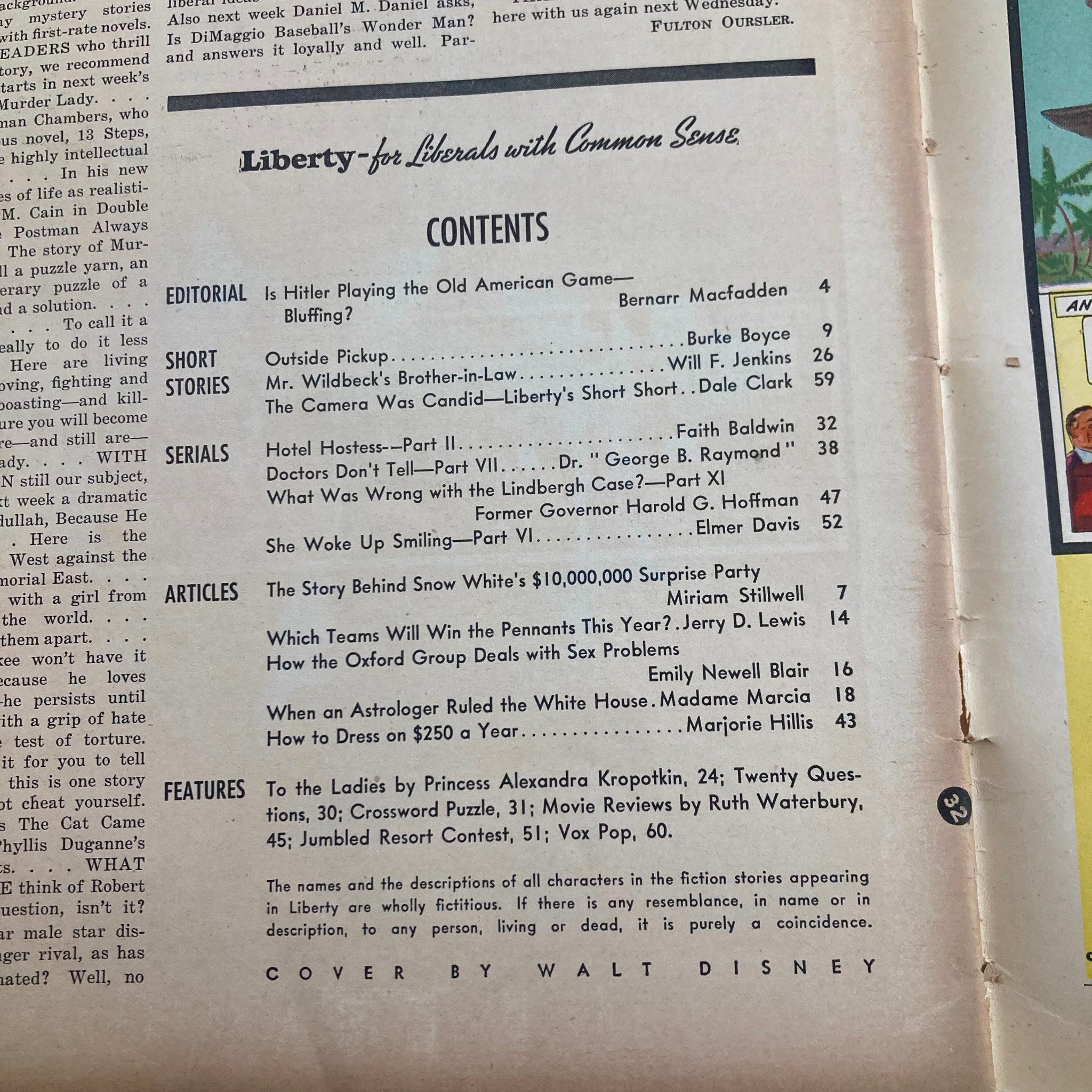 Contents page of VTG Liberty Magazine, April 9, 1938, listing articles including 'The Story Behind Snow White's $10,000,000 Surprise Party'.