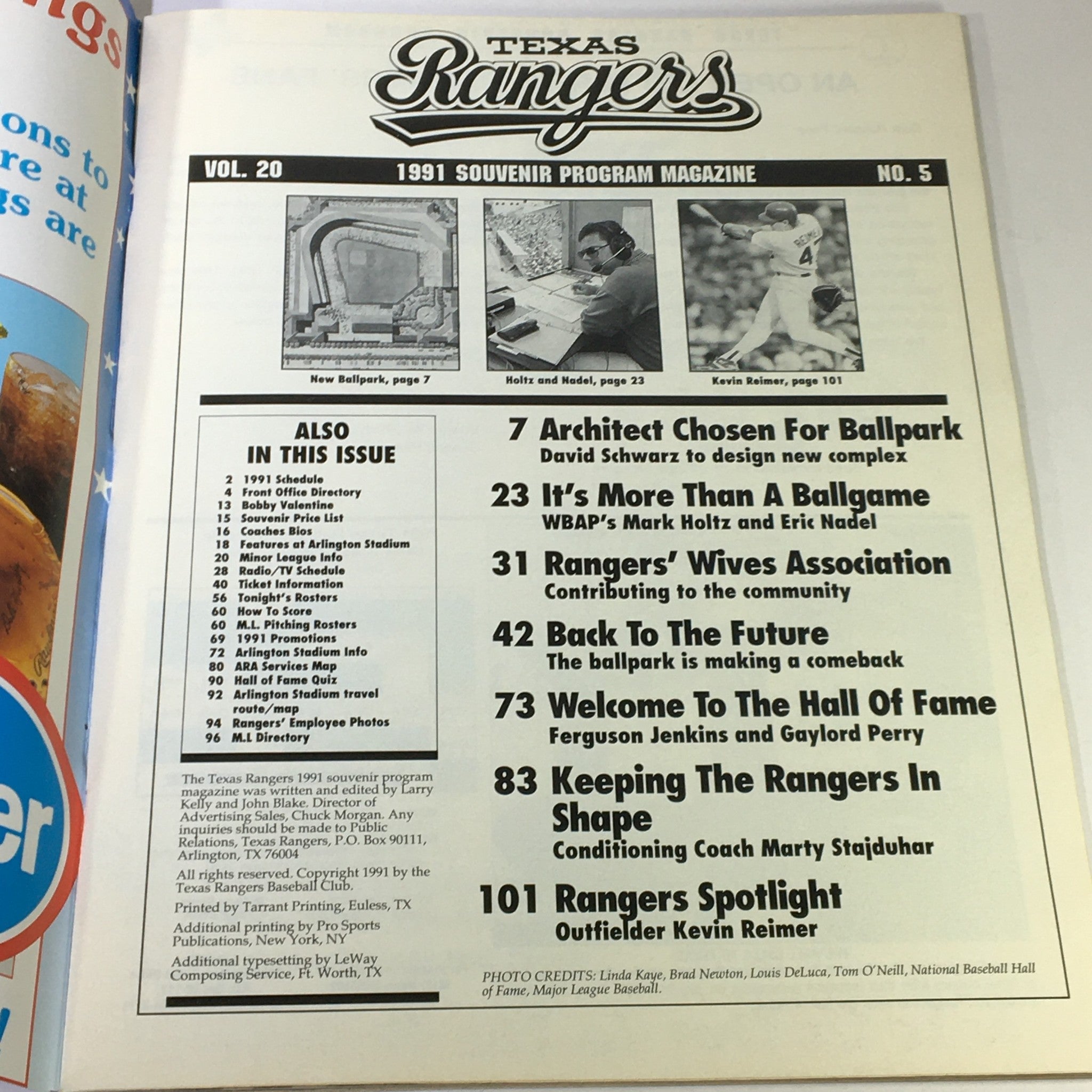 1991 Souvenir Program Magazine MLB Texas Rangers, Kevin Reimir