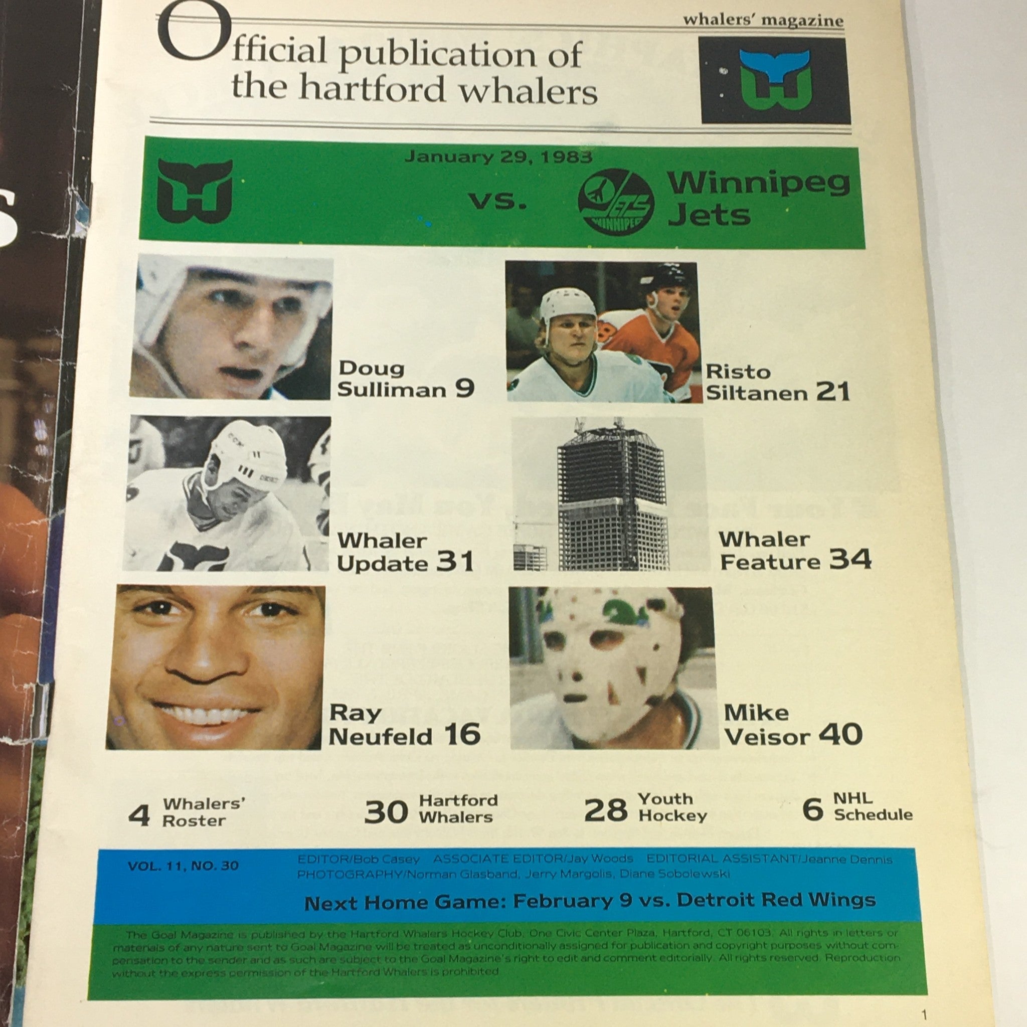 Inside page of the VTG Goal NHL Magazine January 1983 Vol 11 #30 highlighting Dou Sulliman and other features from the Hartford Whalers vs Winnipeg Jets game.