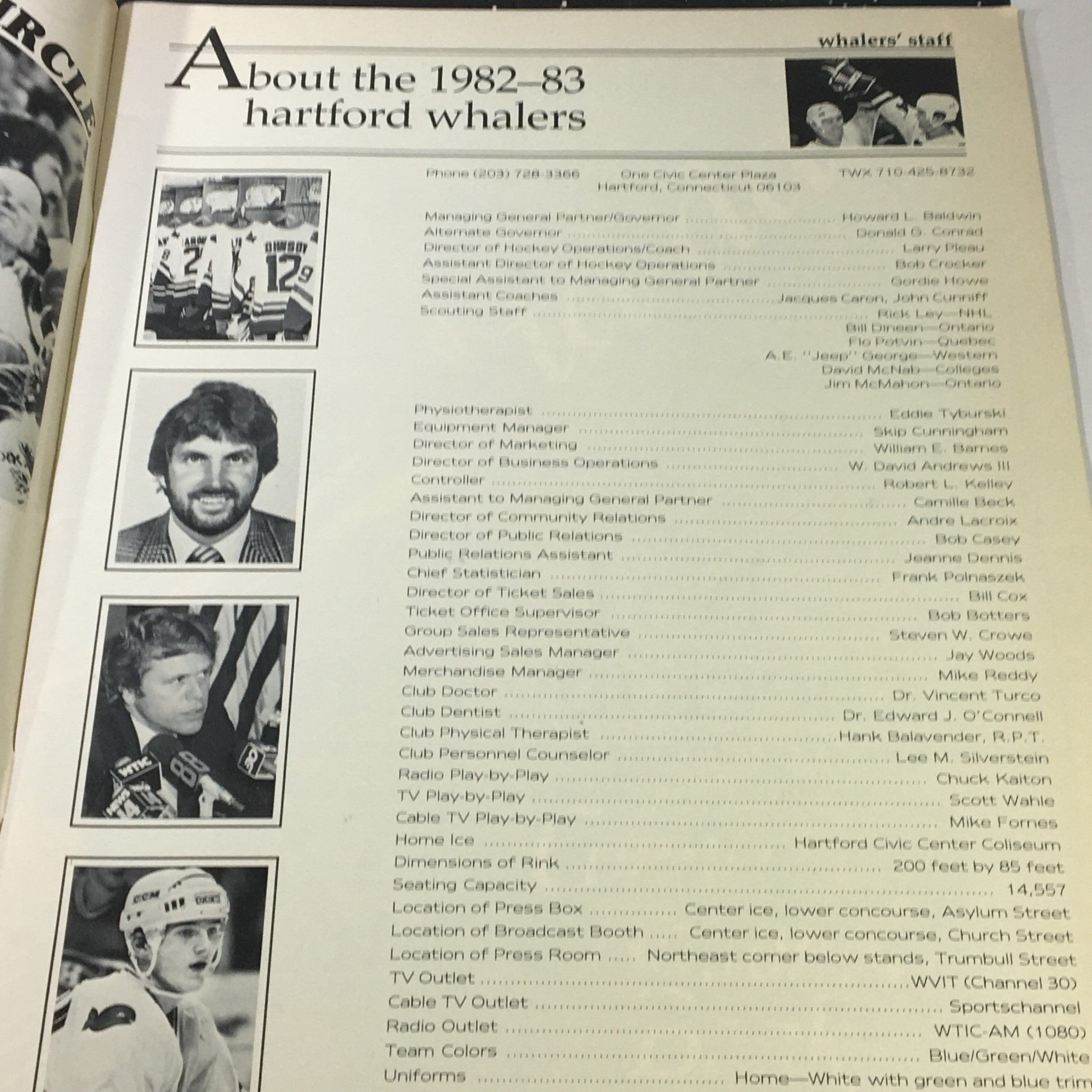 Staff information and management details from the VTG Goal NHL Magazine January 1983 Vol 11 #30, featuring notable figures associated with the Hartford Whalers.