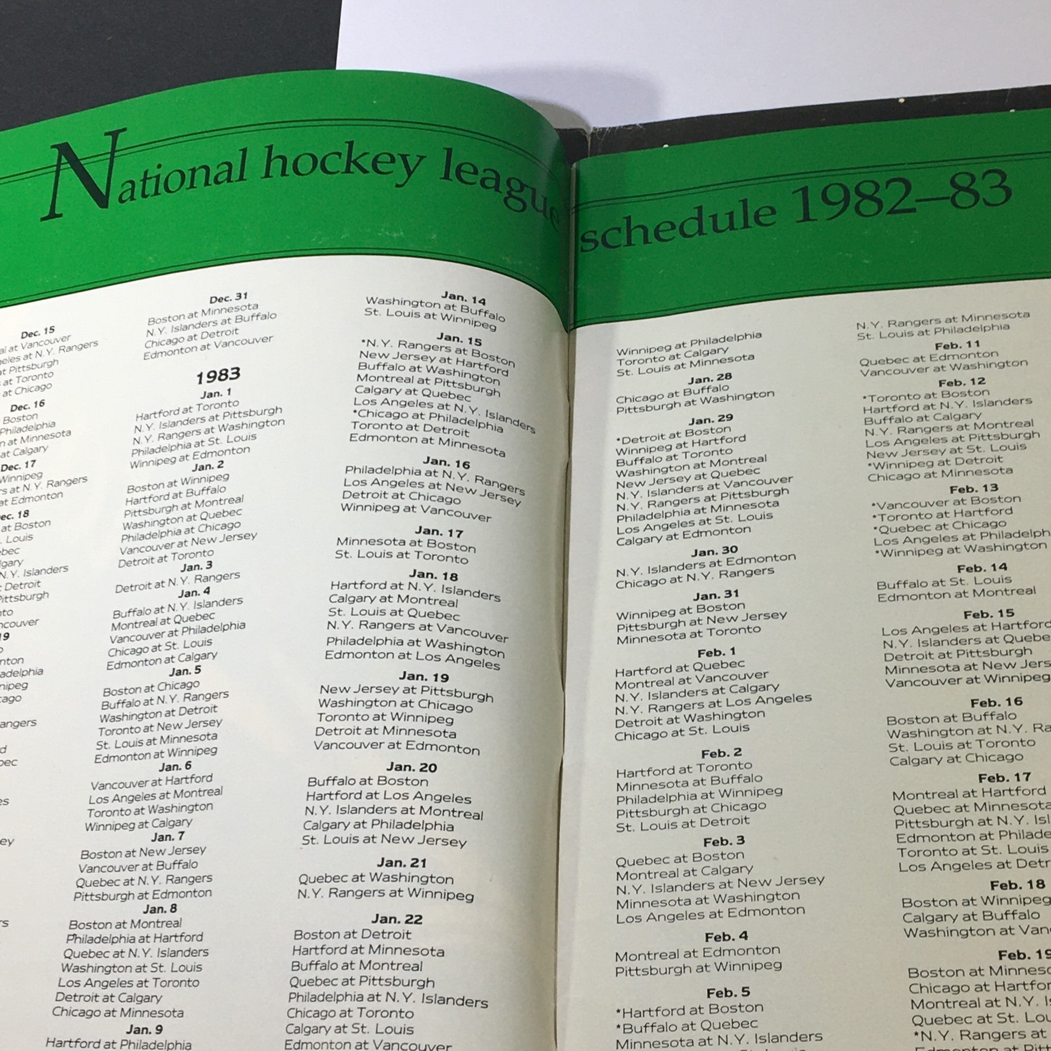 NHL schedule for January 1983 shown in the VTG Goal NHL Magazine January 1983 Vol 11 #30, highlighting key matchups and teams.
