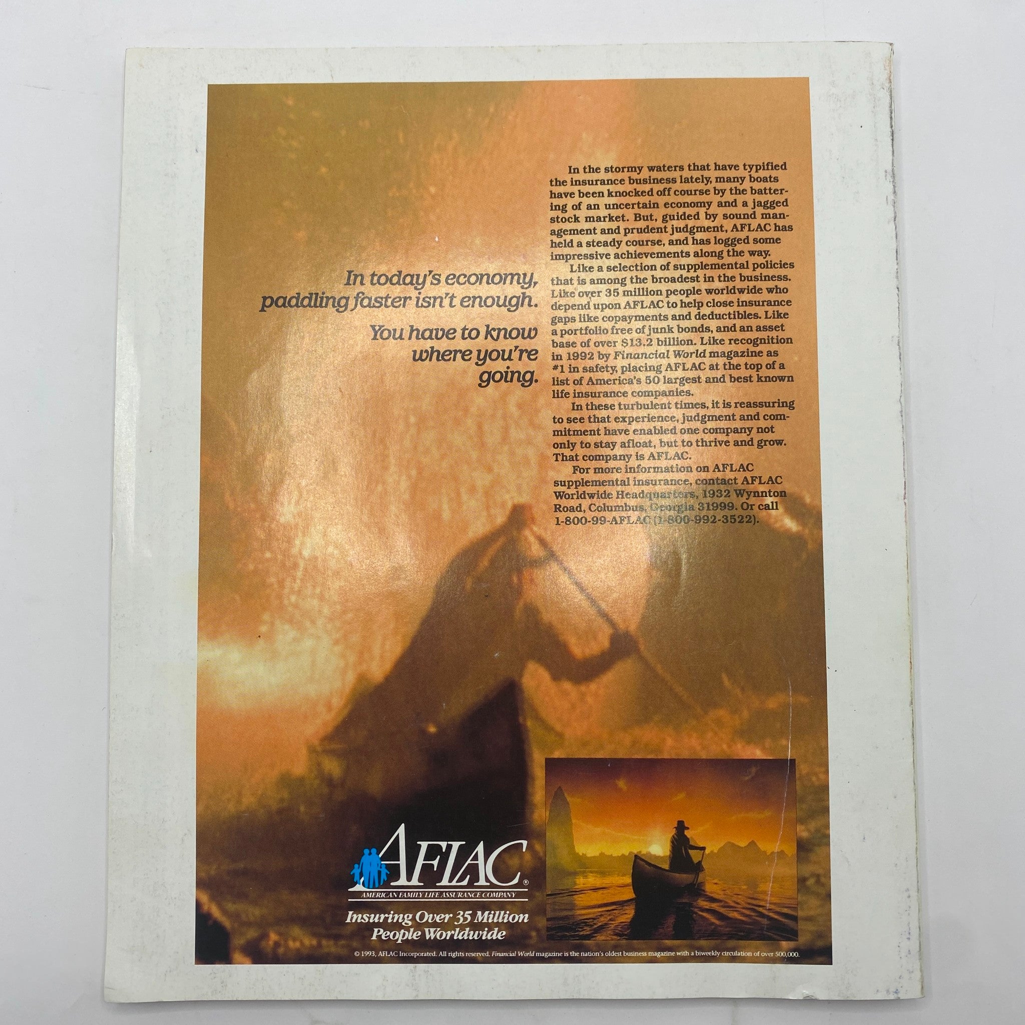 Back cover of Fortune Magazine, August 23, 1993, featuring an advertisement for AFLAC insurance with a scenic image and a motivational quote.