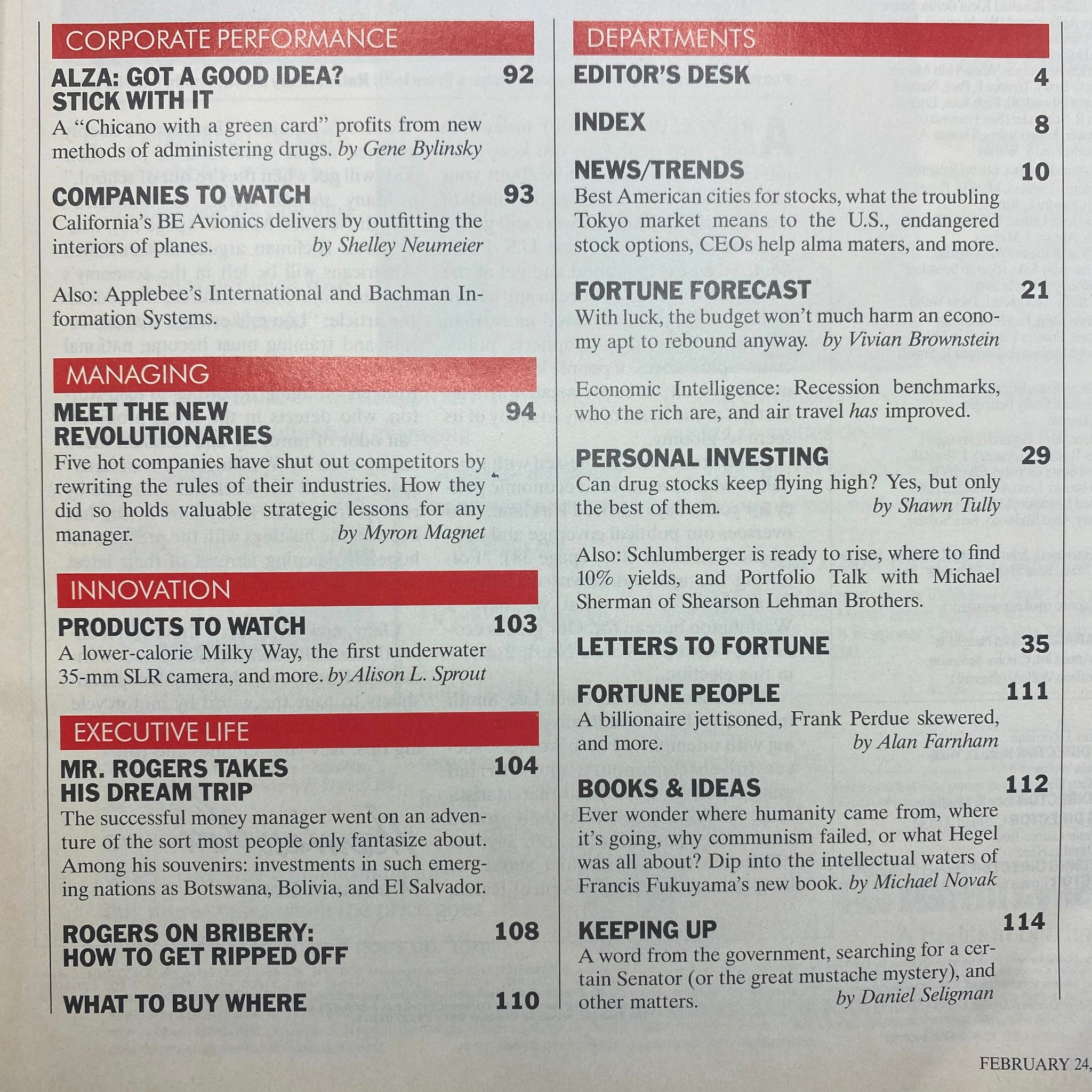 Table of contents from Fortune Magazine February 24, 1992, highlighting key articles including 'Alza: Got a Good Idea? Stick With It' and 'Mr. Rogers Takes His Dream Trip'. This page offers insight into the topics covered in this influential issue.