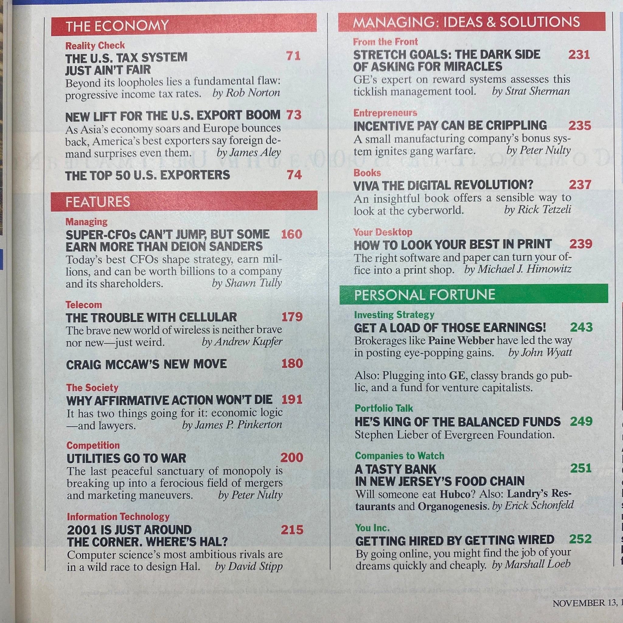 Contents page of Fortune Magazine November 13, 1995, including articles on the U.S. tax system, export boom, and managing strategies for business leaders.