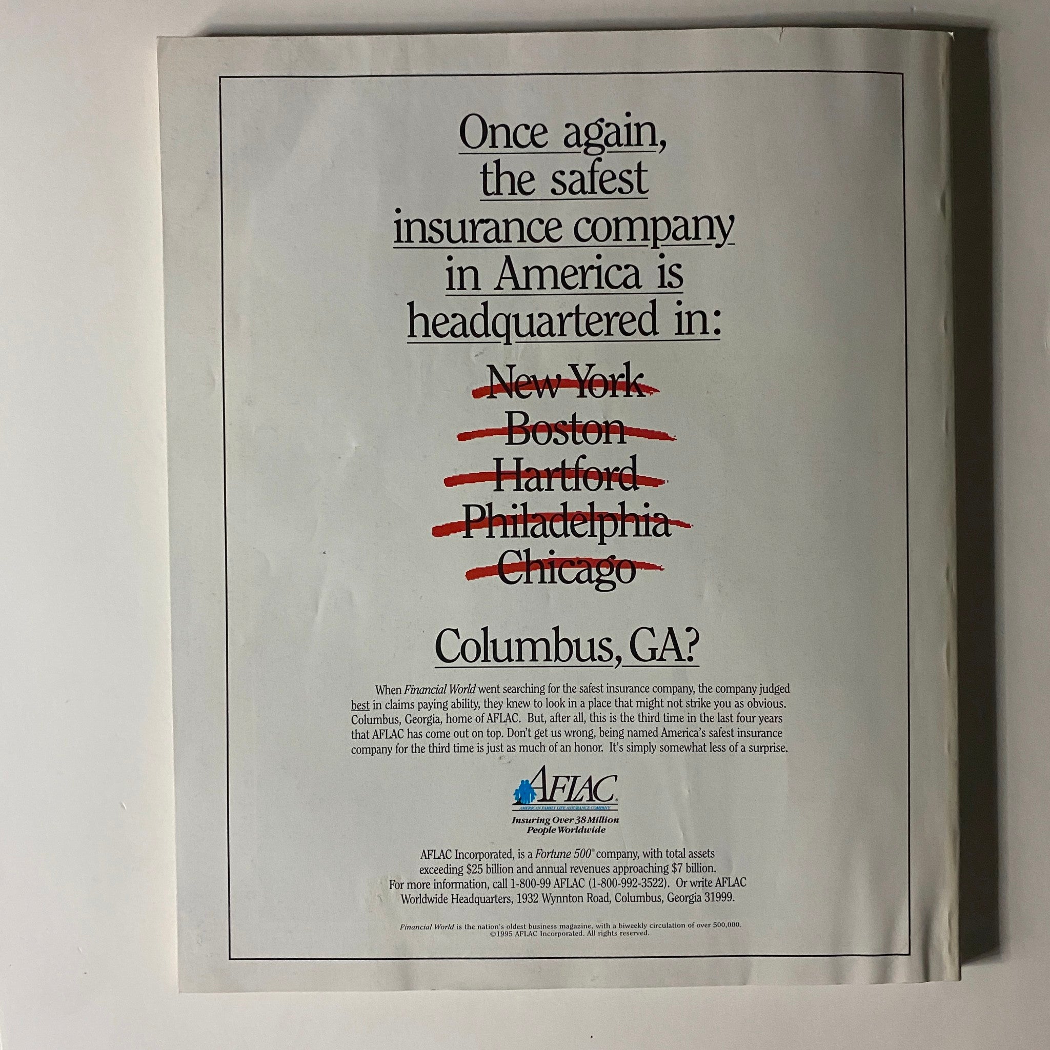 Advertising page from Fortune Magazine November 13, 1995, highlighting AFLAC as the safest insurance company in America, with crossed-out city names.