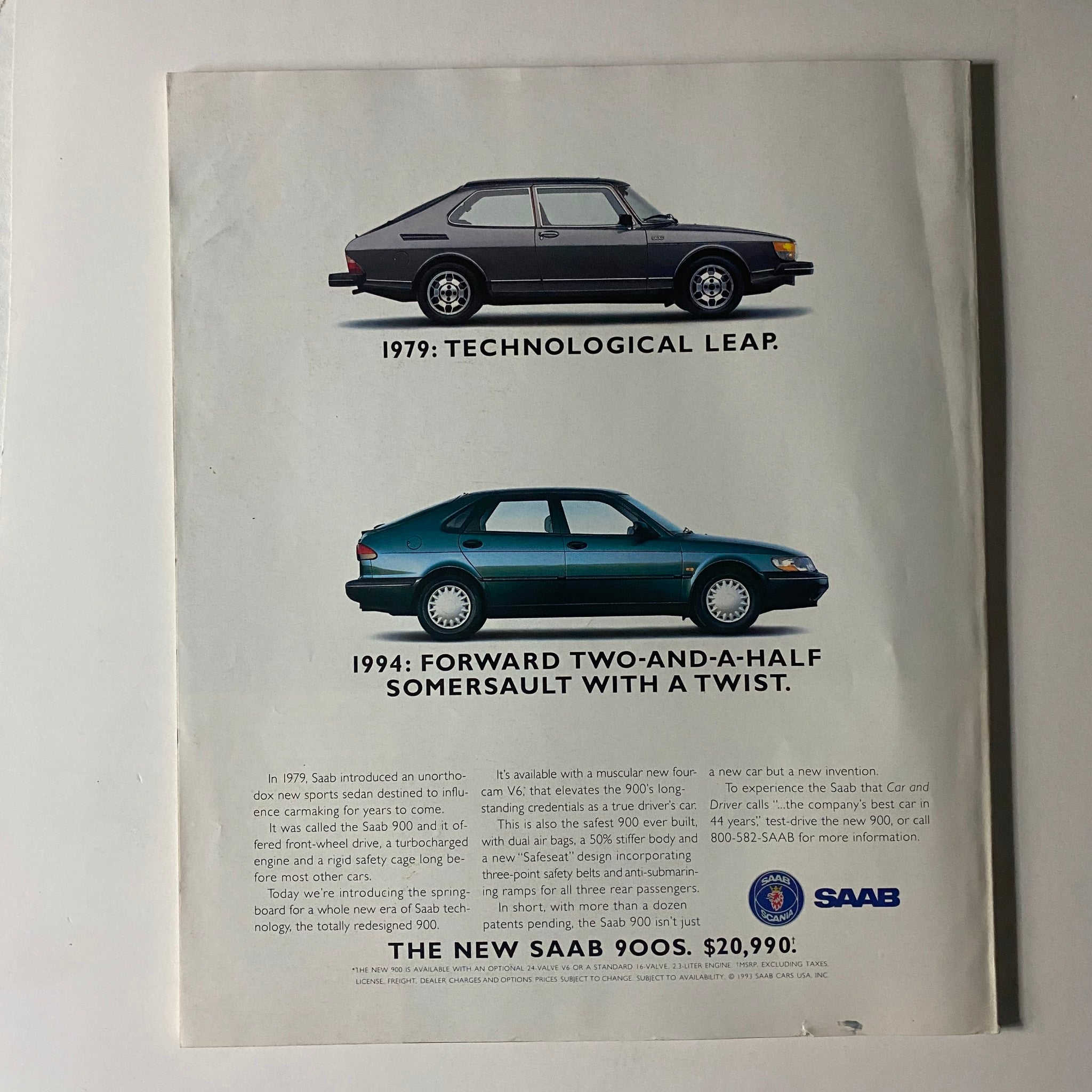 Advertisement in Fortune Magazine February 21, 1994 for the new Saab 900S, highlighting technological evolution from the 1979 model to its updated features, in context with the magazine's theme 'The New Post-Heroic Leadership'.