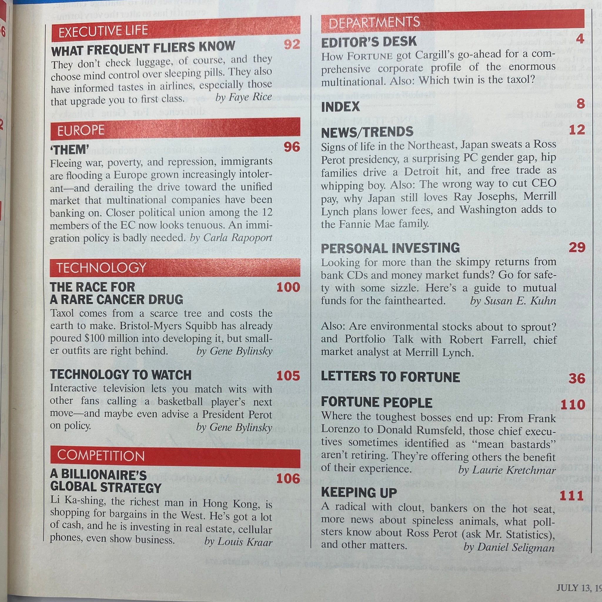 A page from Fortune Magazine dated July 13, 1992, outlining articles including 'What Frequent Fliers Know,' 'The Race for a Rare Cancer Drug,' and other key topics from the issue.