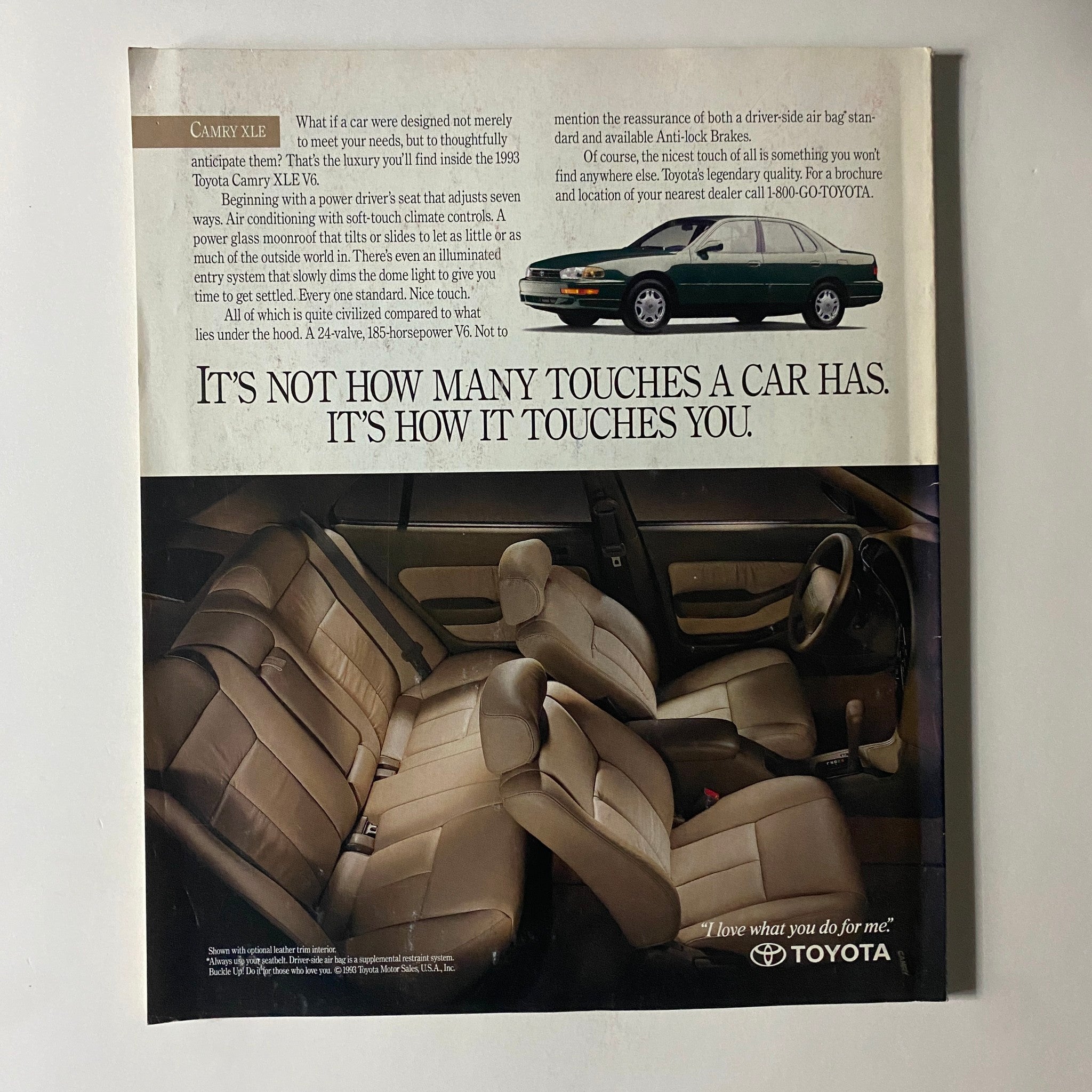 Full-page advertisement for the 1993 Toyota Camry XLE from Fortune Magazine February 8, 1993, showcasing luxurious interior features and emphasizing quality and comfort.