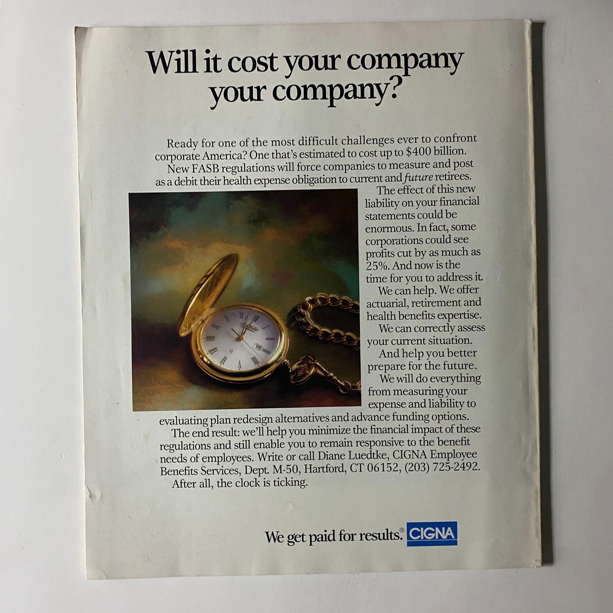 Advertisement from Fortune Magazine, discussing the impact of new FASB regulations on corporate expenses and health benefits. Highlights the importance of addressing financial liabilities.