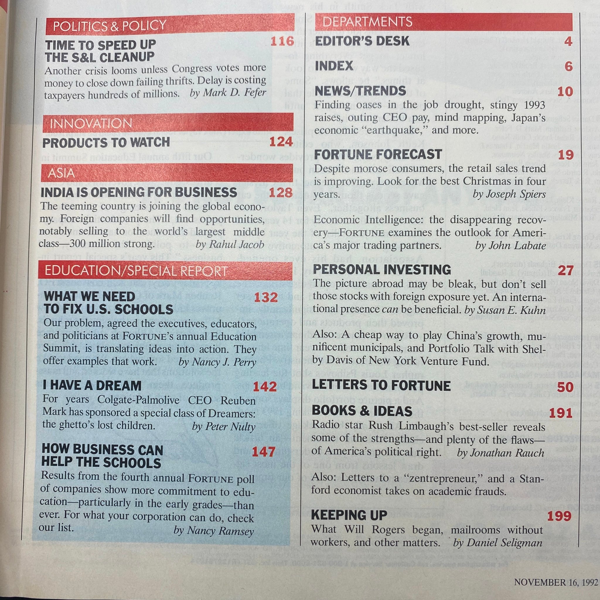 Inside page of Fortune Magazine from November 16, 1992, highlighting key topics including 'Time to Speed Up the S&L Cleanup' and 'India is Opening for Business'.