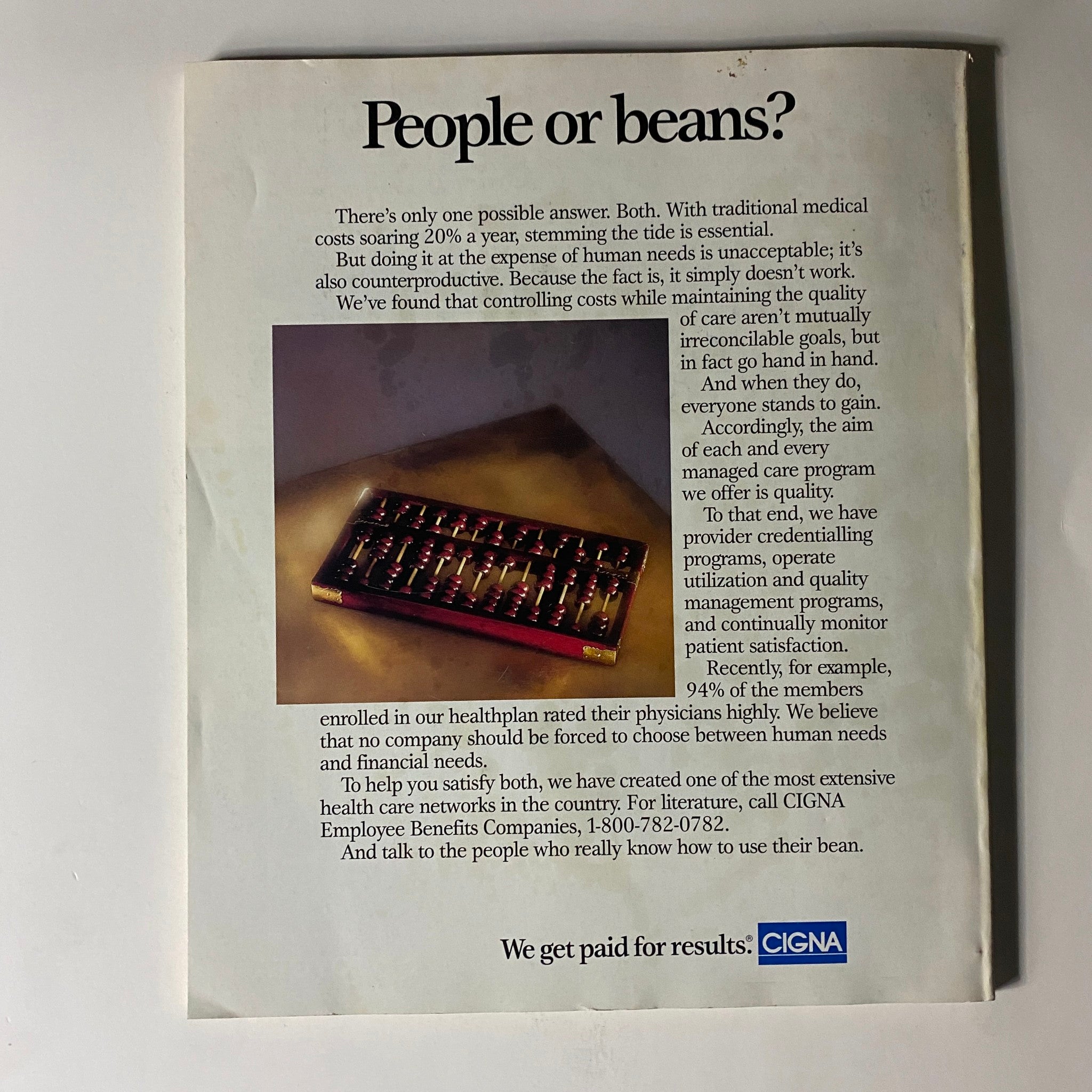 Advertisement page from Fortune Magazine, November 16, 1992, titled 'People or beans?' discussing healthcare costs in relation to quality of care by CIGNA.