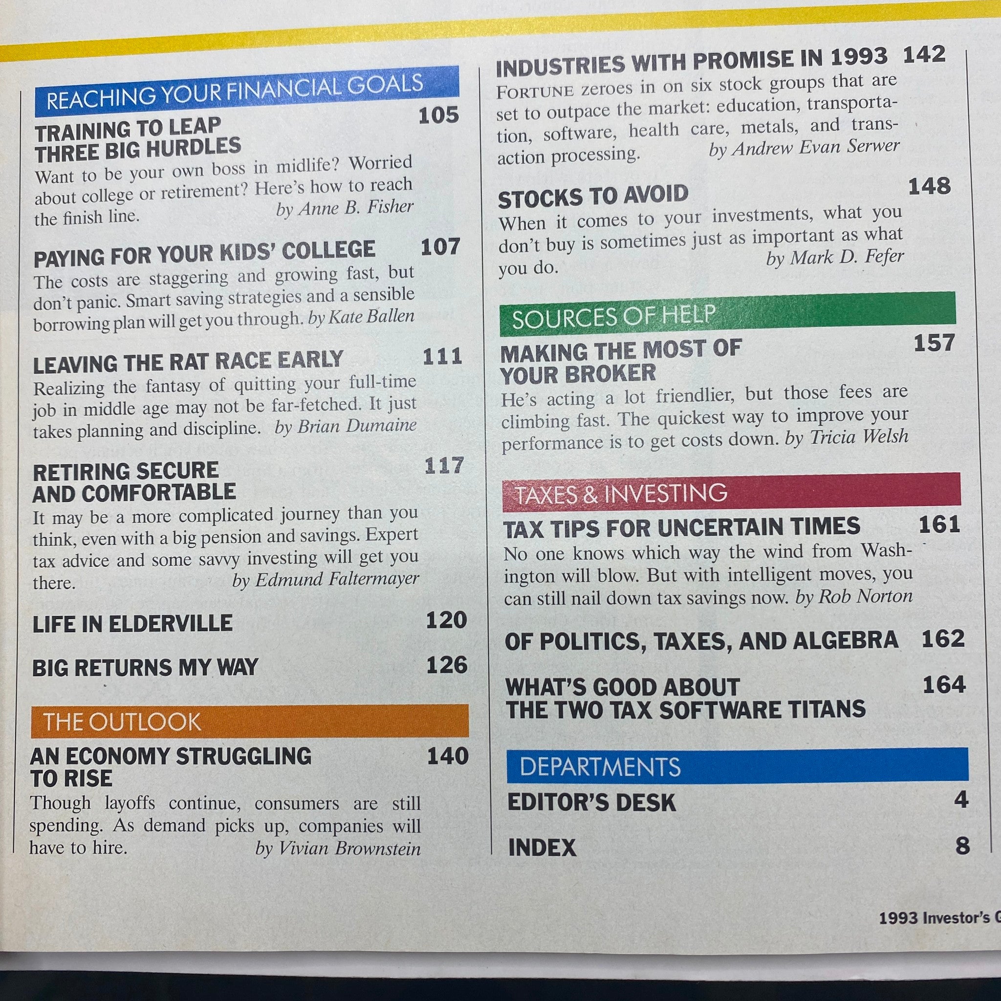 Table of contents from the Fortune Magazine Fall 1992 Special Issue 1993 Investor's Guide, highlighting articles on financial goals, investment strategies, and economic outlooks.