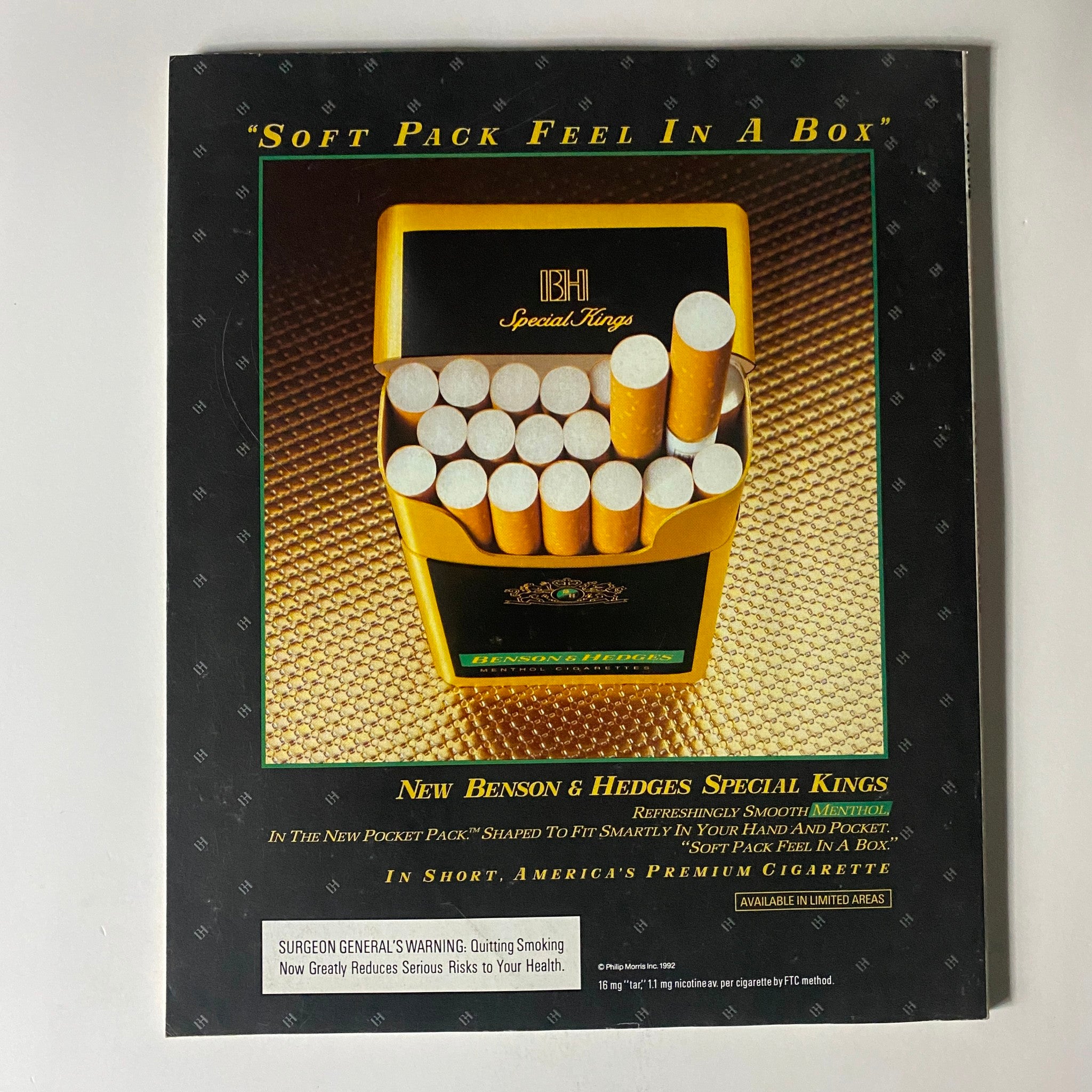 Fortune Magazine Fall 1992 Special Issue 1993 Investor's Guide featuring an advertisement for Benson & Hedges Special Kings cigarettes, showcasing the product's unique packaging and design.