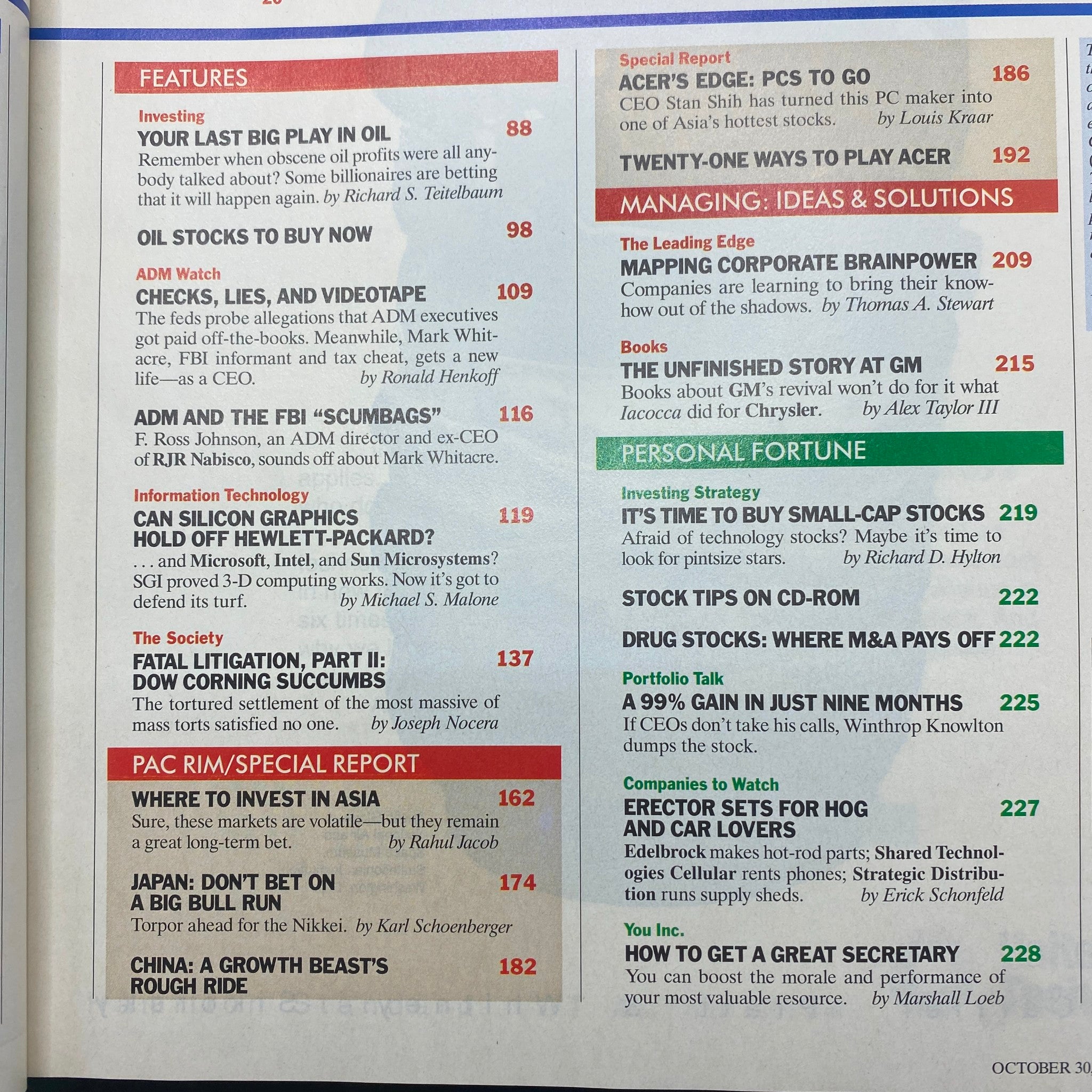 Table of contents page from Fortune Magazine October 30, 1995, highlighting features such as 'Your Last Big Play in Oil' and articles related to finance, technology, and personal fortune.